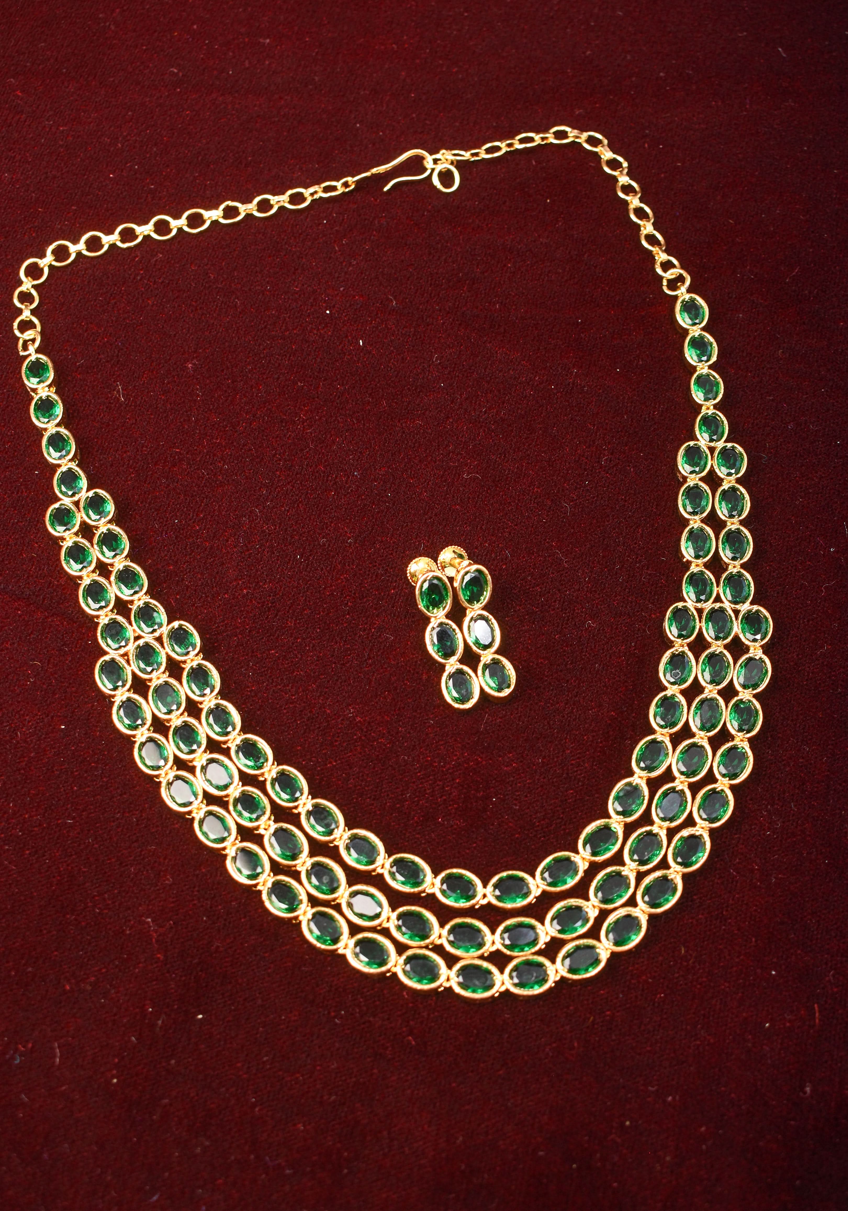 Green Stone Necklace with 3 strands of oval stones and matching earrings | SHOBITAM