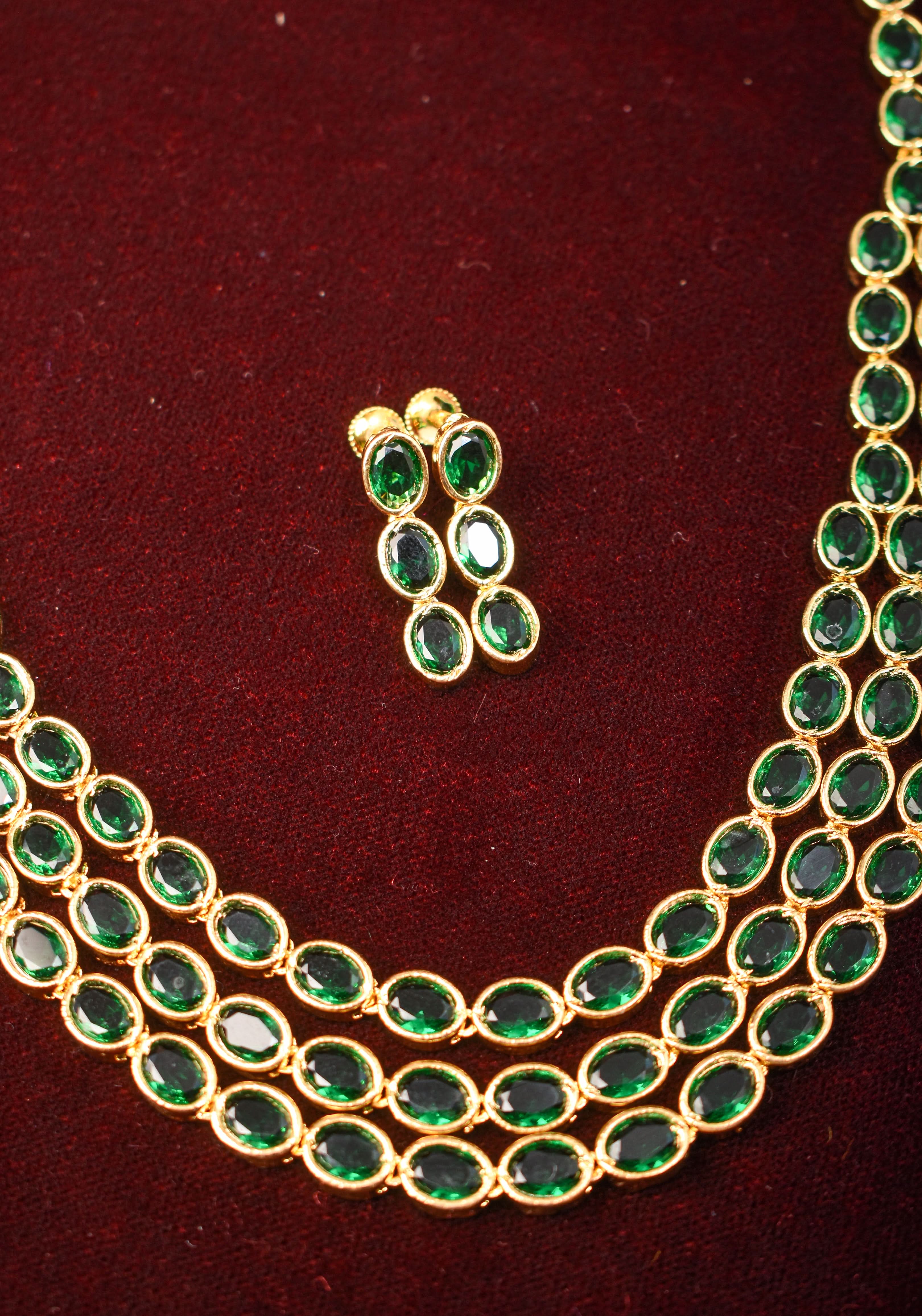 Green Stone Necklace with 3 strands of oval stones and matching earrings | SHOBITAM