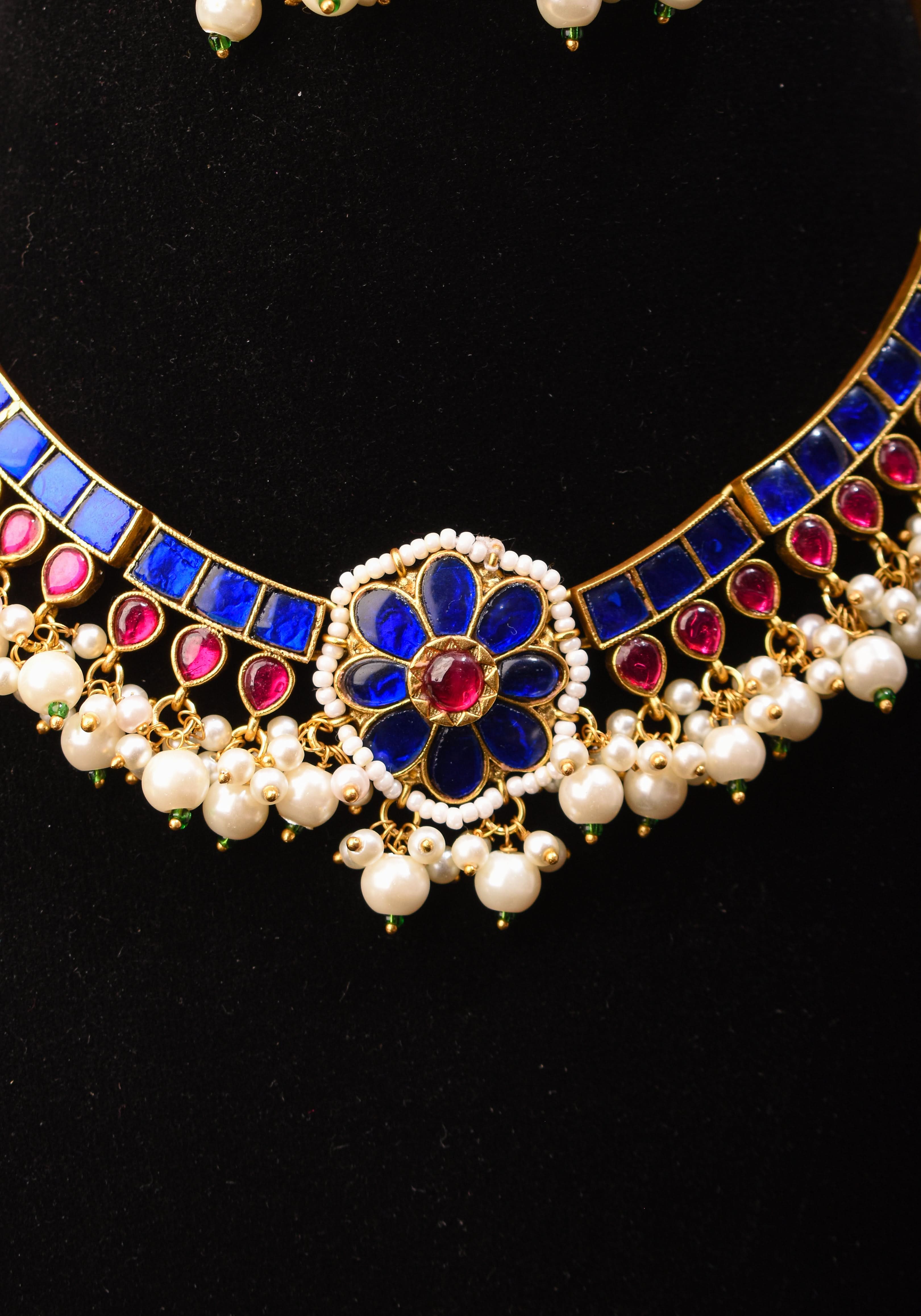 Blue and Pink Stone Jadau Necklace and Earring Set | SHOBITAM