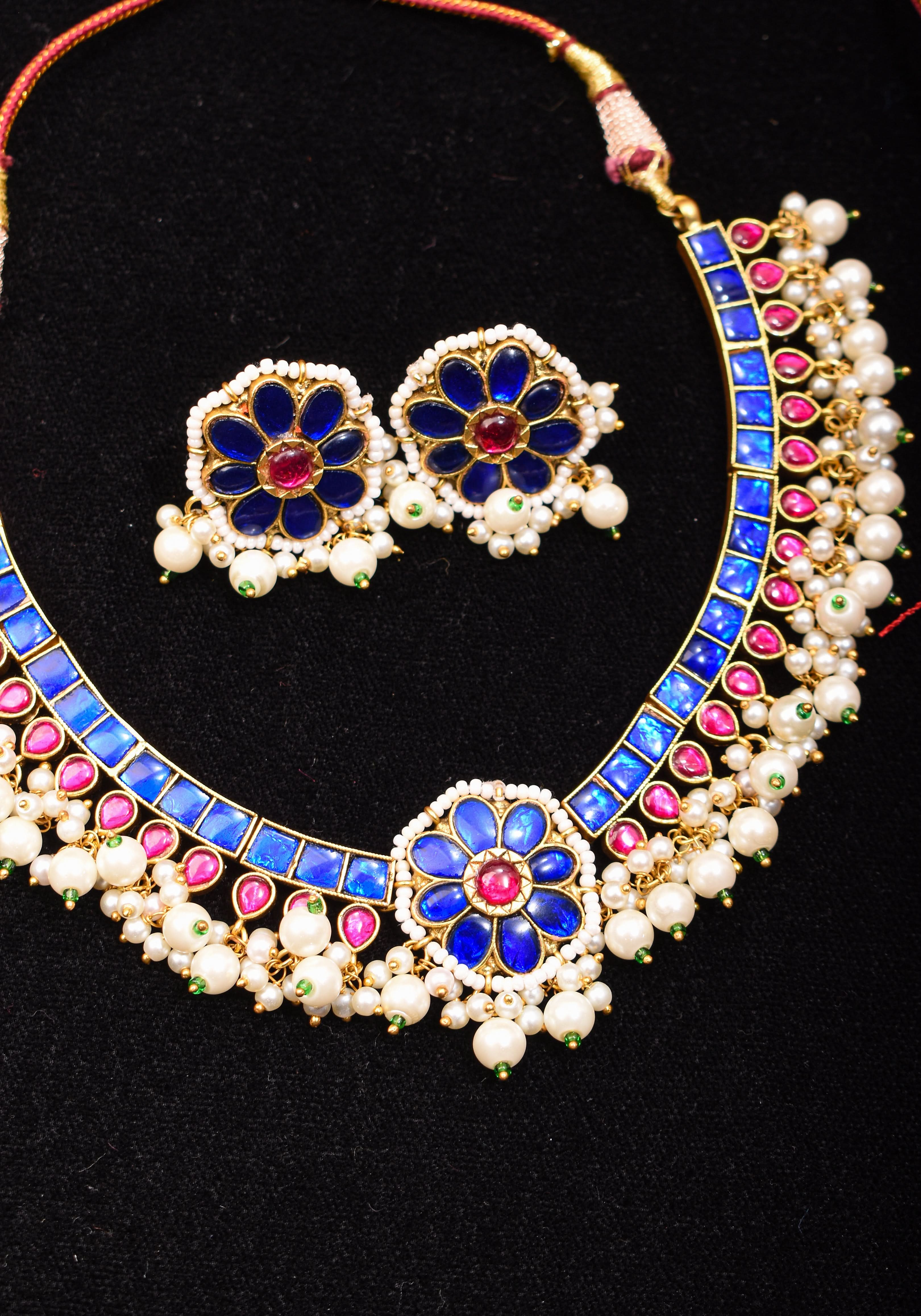 Blue and Pink Stone Jadau Necklace and Earring Set | SHOBITAM