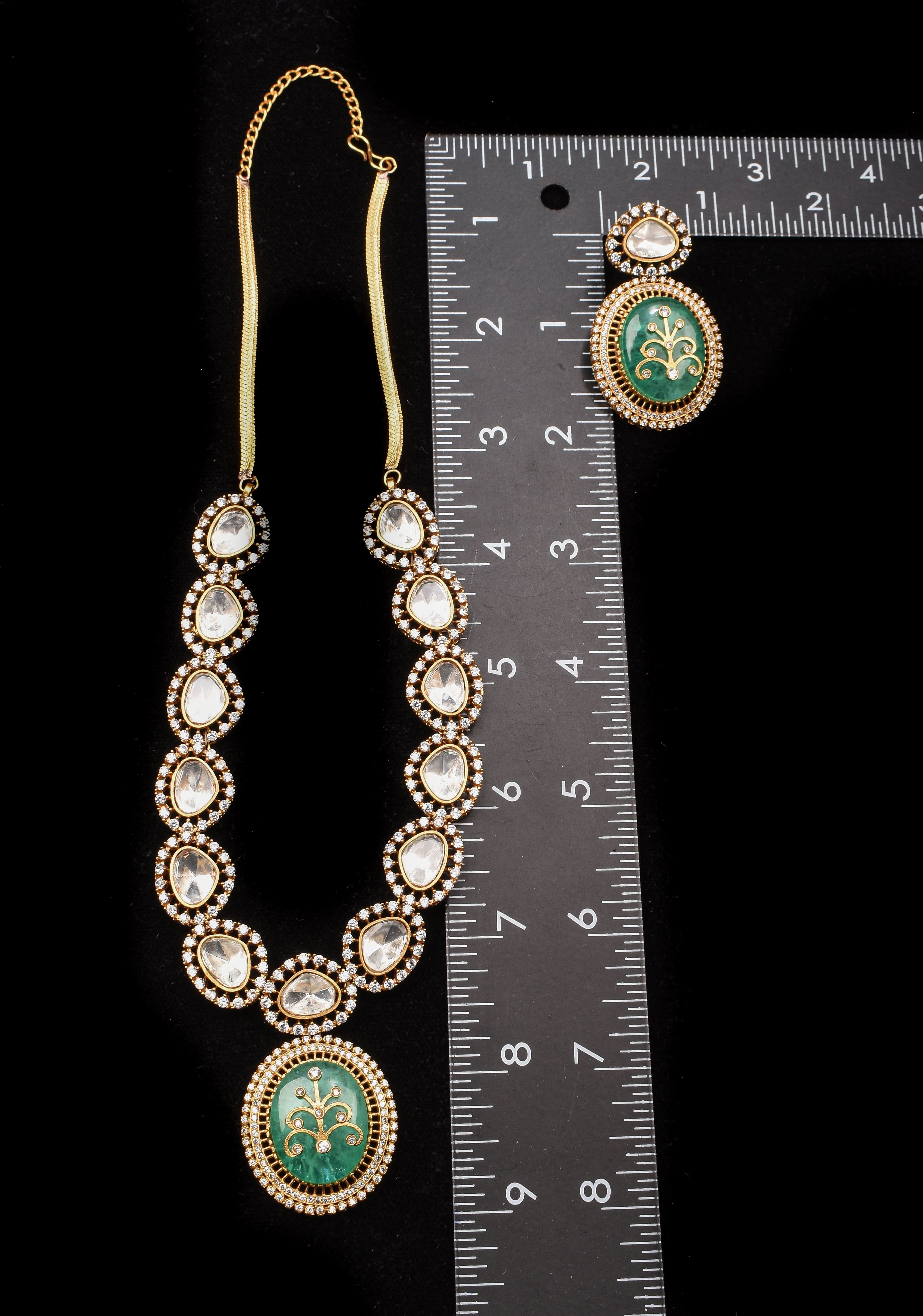 Victorian Finish Green Carved Stone Pendant Necklace Set | SHOBITAM