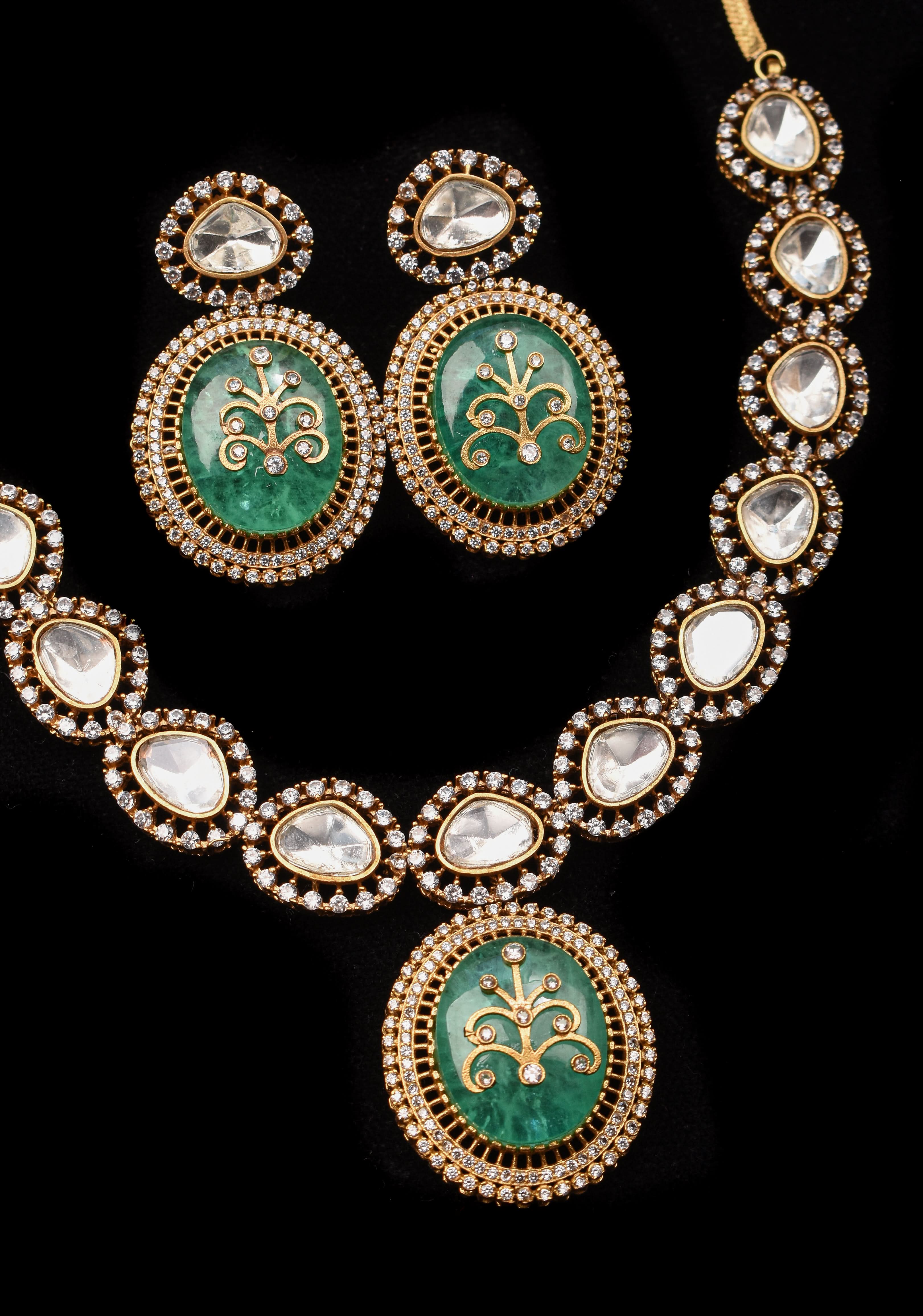 Victorian Finish Green Carved Stone Pendant Necklace Set | SHOBITAM