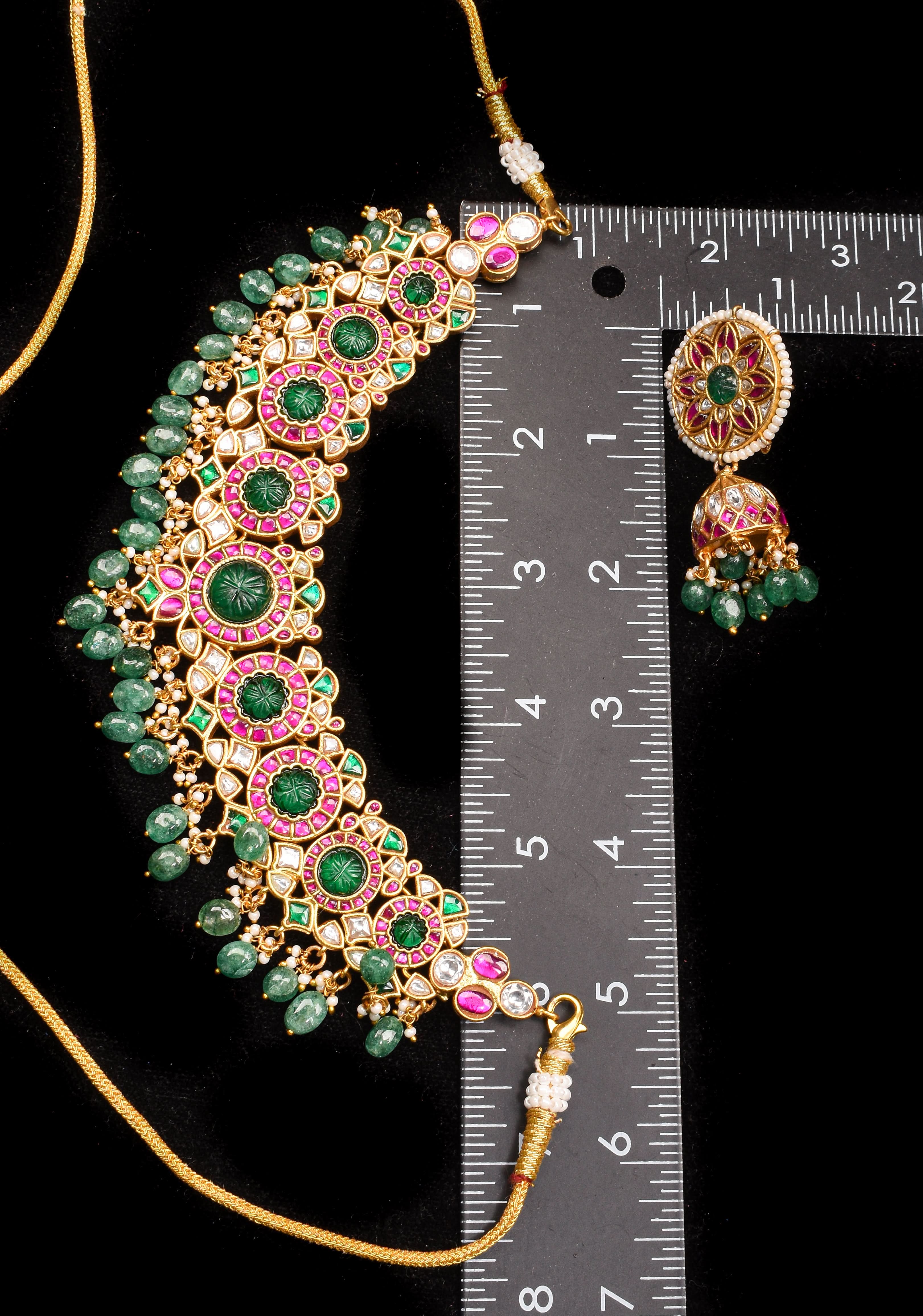 Green Craving Stone Jadau Kundan Pearls Choker Set with Dangling Green Beads and Jhumka Earrings | SHOBITAM