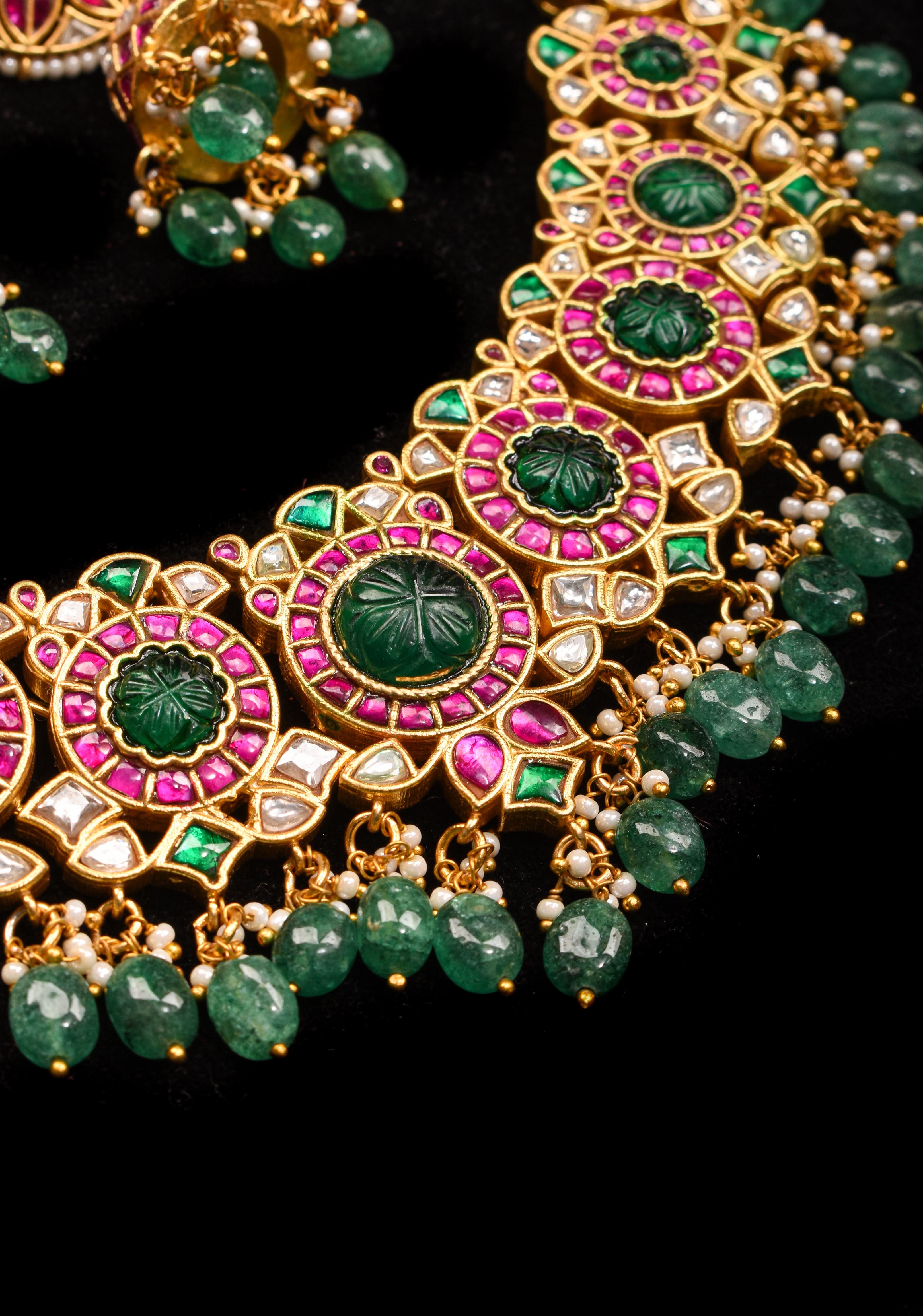 Green Craving Stone Jadau Kundan Pearls Choker Set with Dangling Green Beads and Jhumka Earrings | SHOBITAM