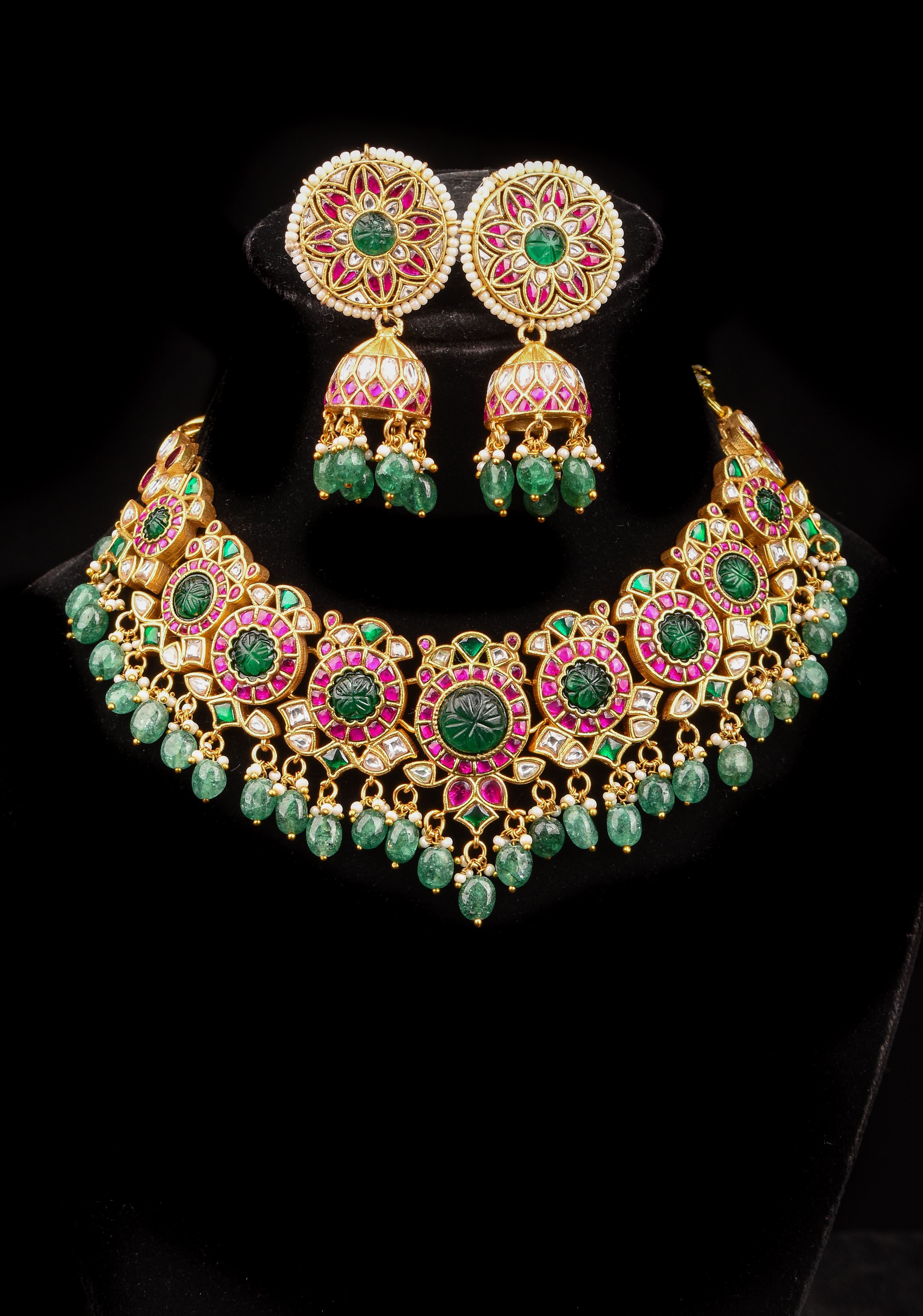 Green Craving Stone Jadau Kundan Pearls Choker Set with Dangling Green Beads and Jhumka Earrings | SHOBITAM