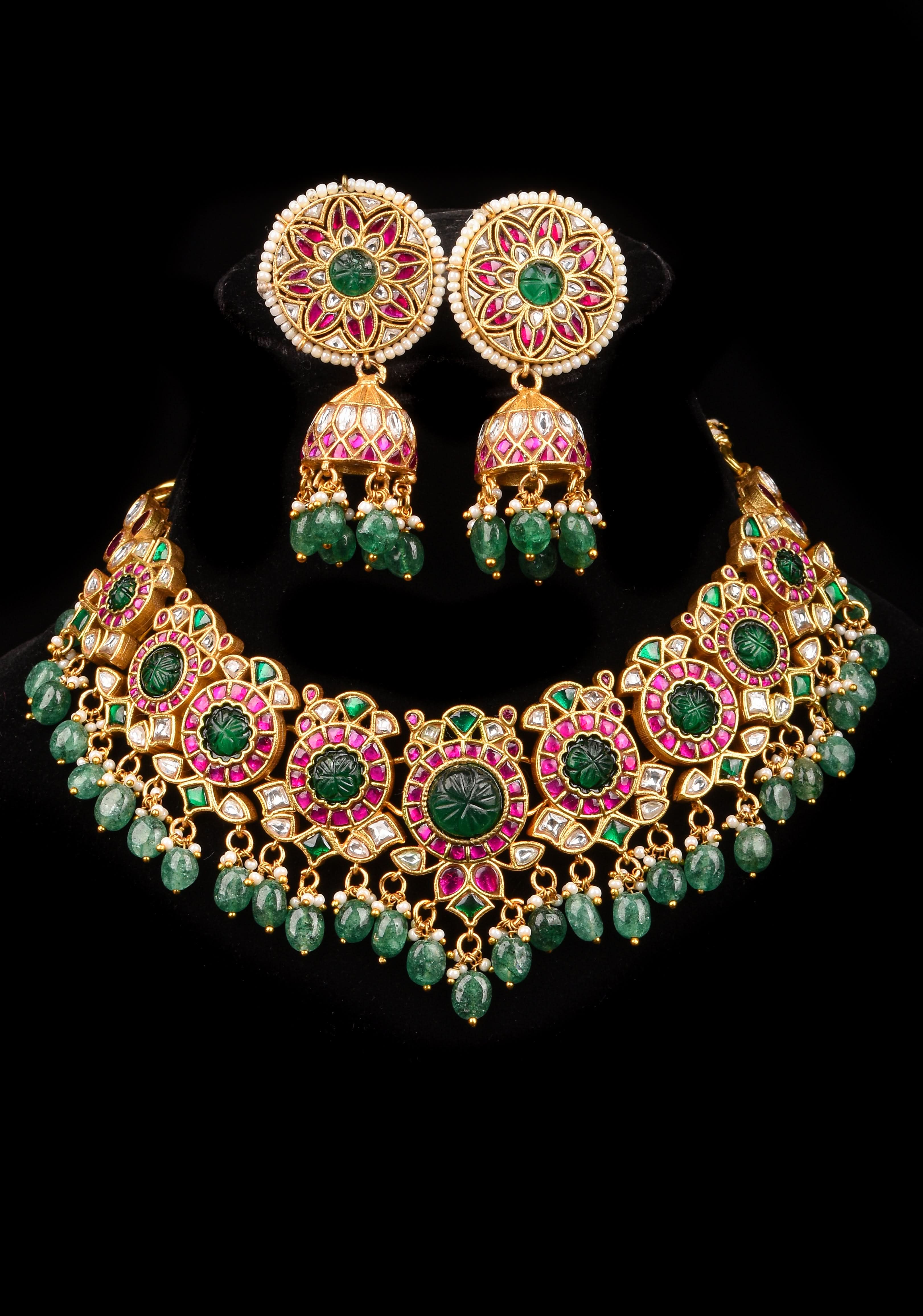 Green Craving Stone Jadau Kundan Pearls Choker Set with Dangling Green Beads and Jhumka Earrings | SHOBITAM