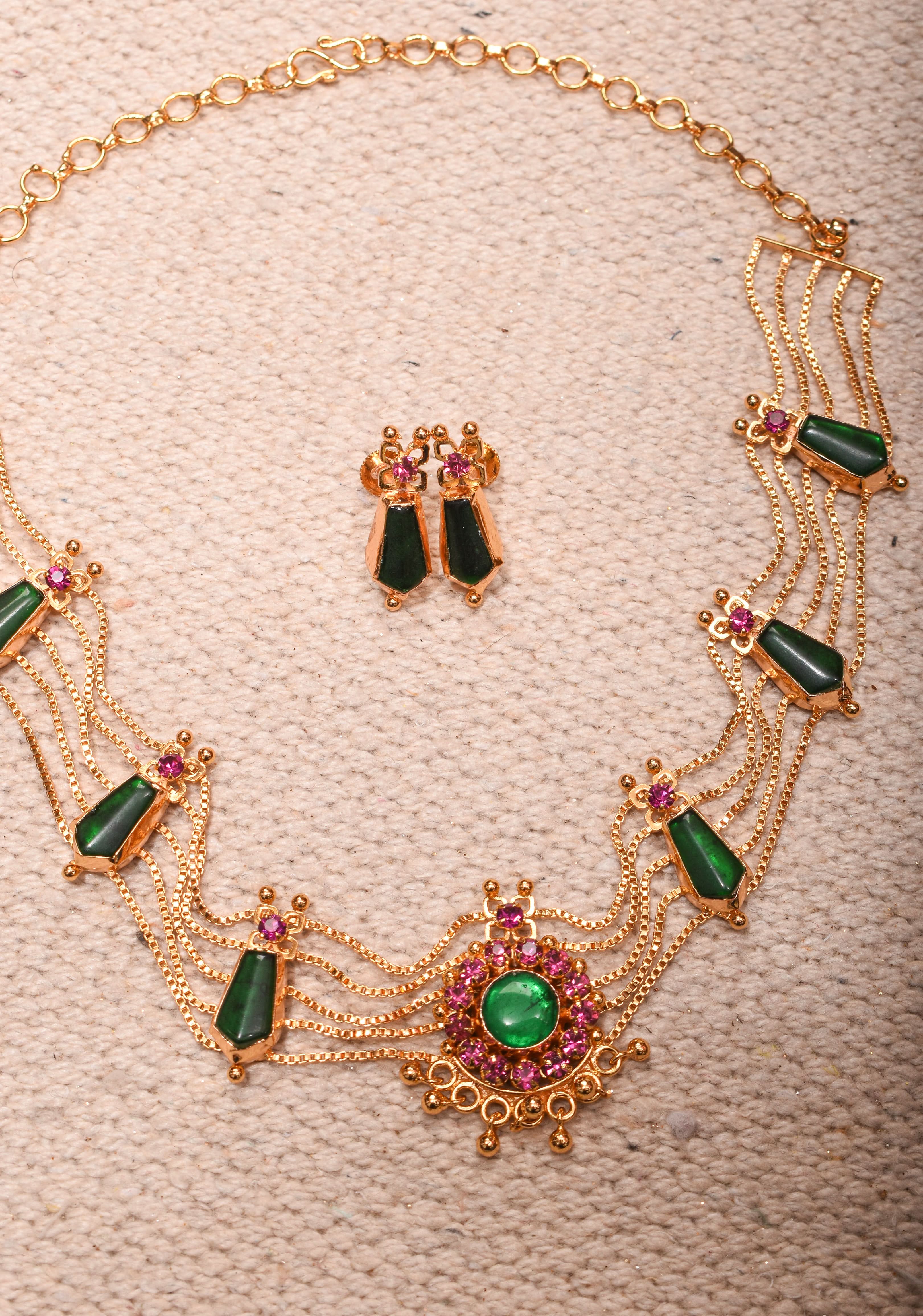 Gold tone kerala style pink-green nagapadam choker combo necklace set | Shobitam