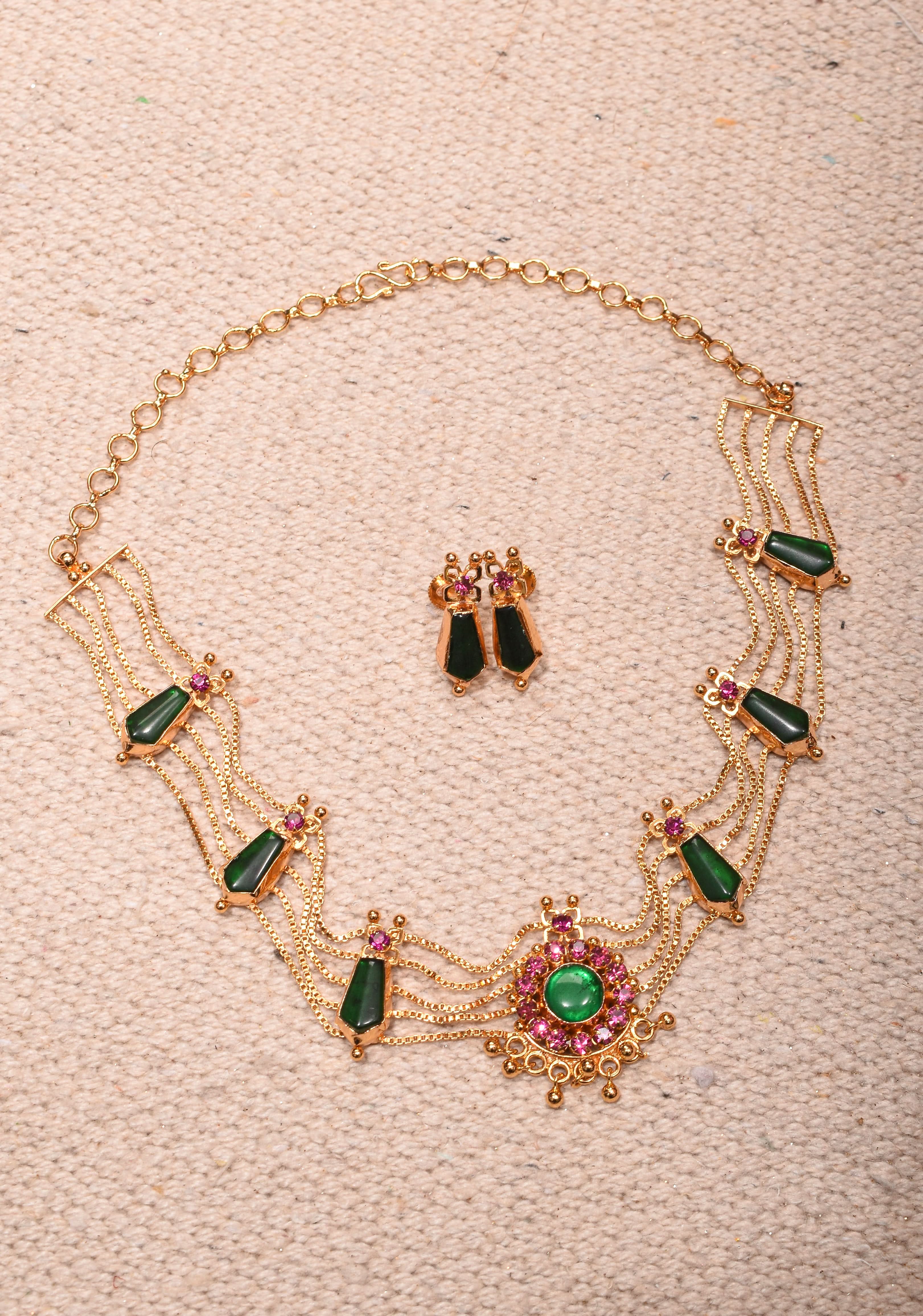 Gold tone kerala style pink-green nagapadam choker combo necklace set | Shobitam