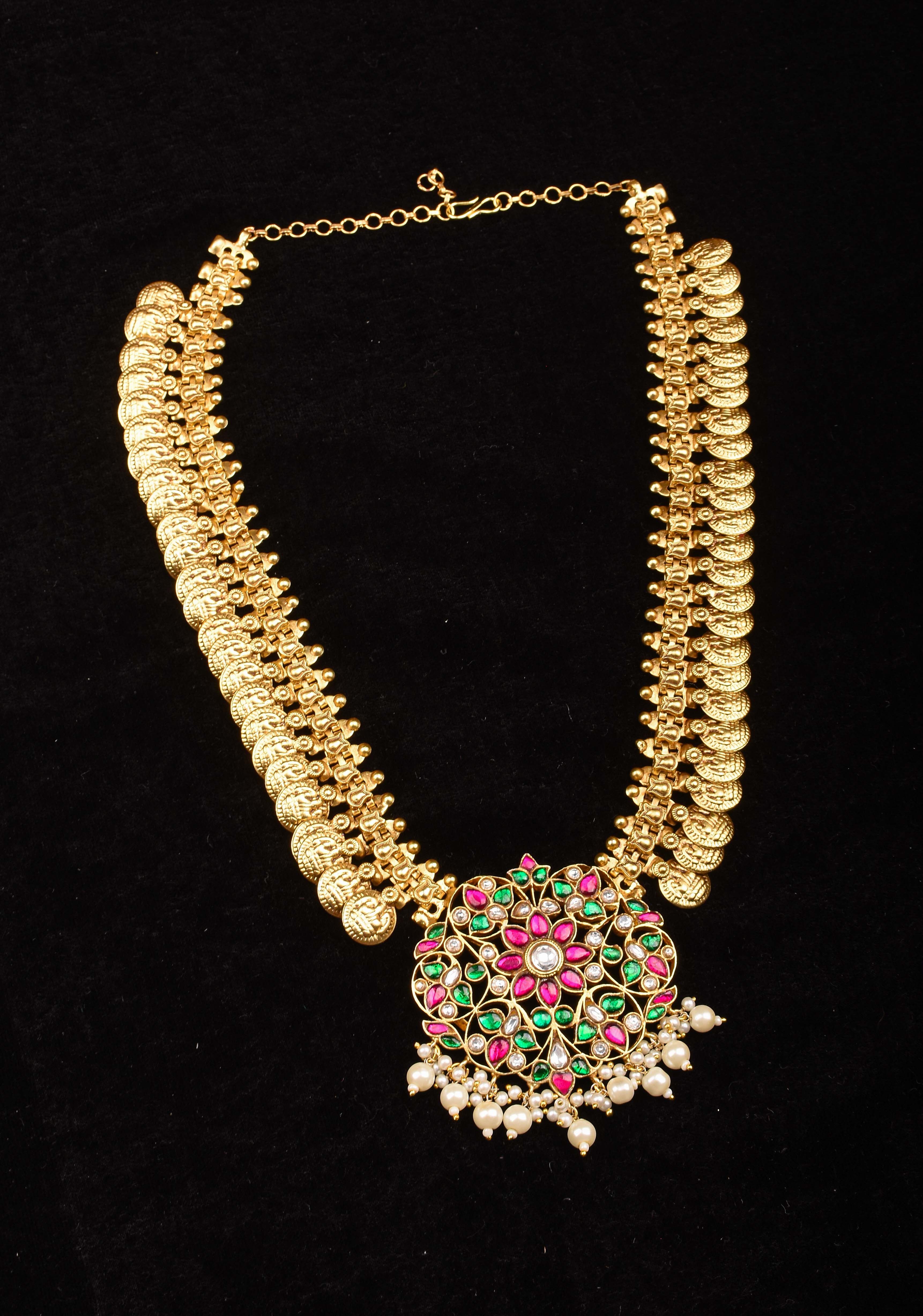 Vintage Style Lakshmi Coin Necklace with Kemp Stone Floral Design Pendant | SHOBITAM