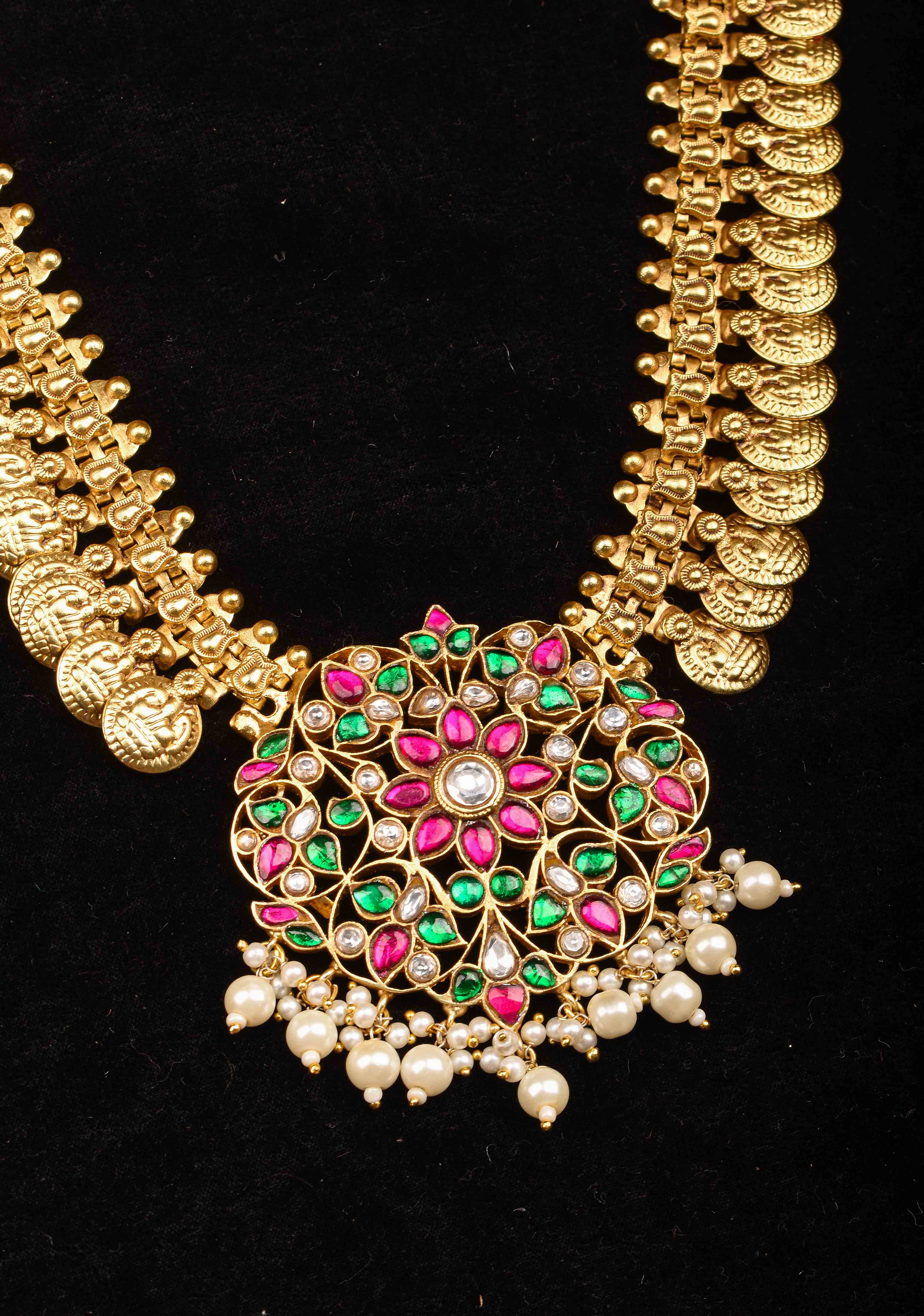 Vintage Style Lakshmi Coin Necklace with Kemp Stone Floral Design Pendant | SHOBITAM
