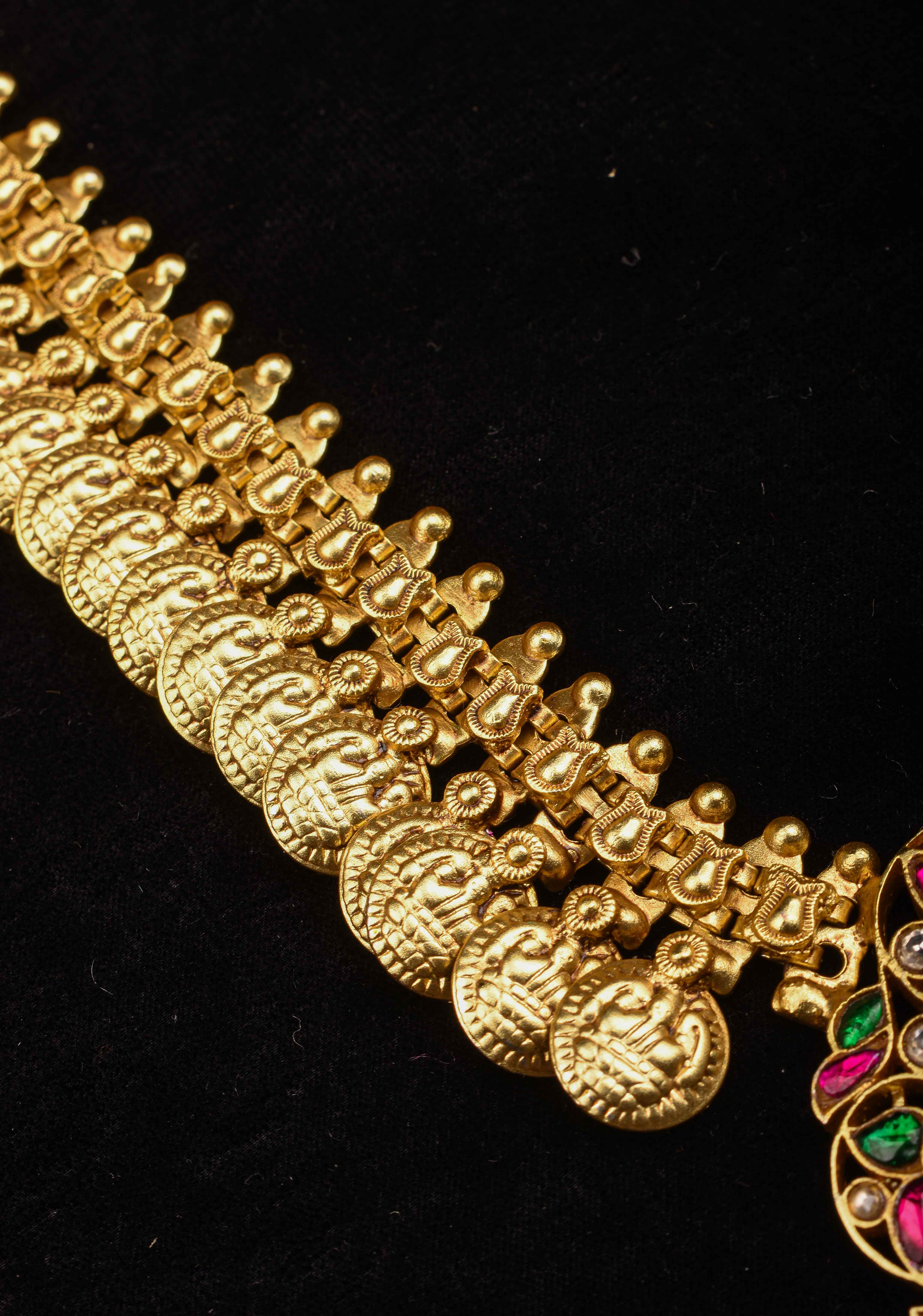 Vintage Style Lakshmi Coin Necklace with Kemp Stone Floral Design Pendant | SHOBITAM