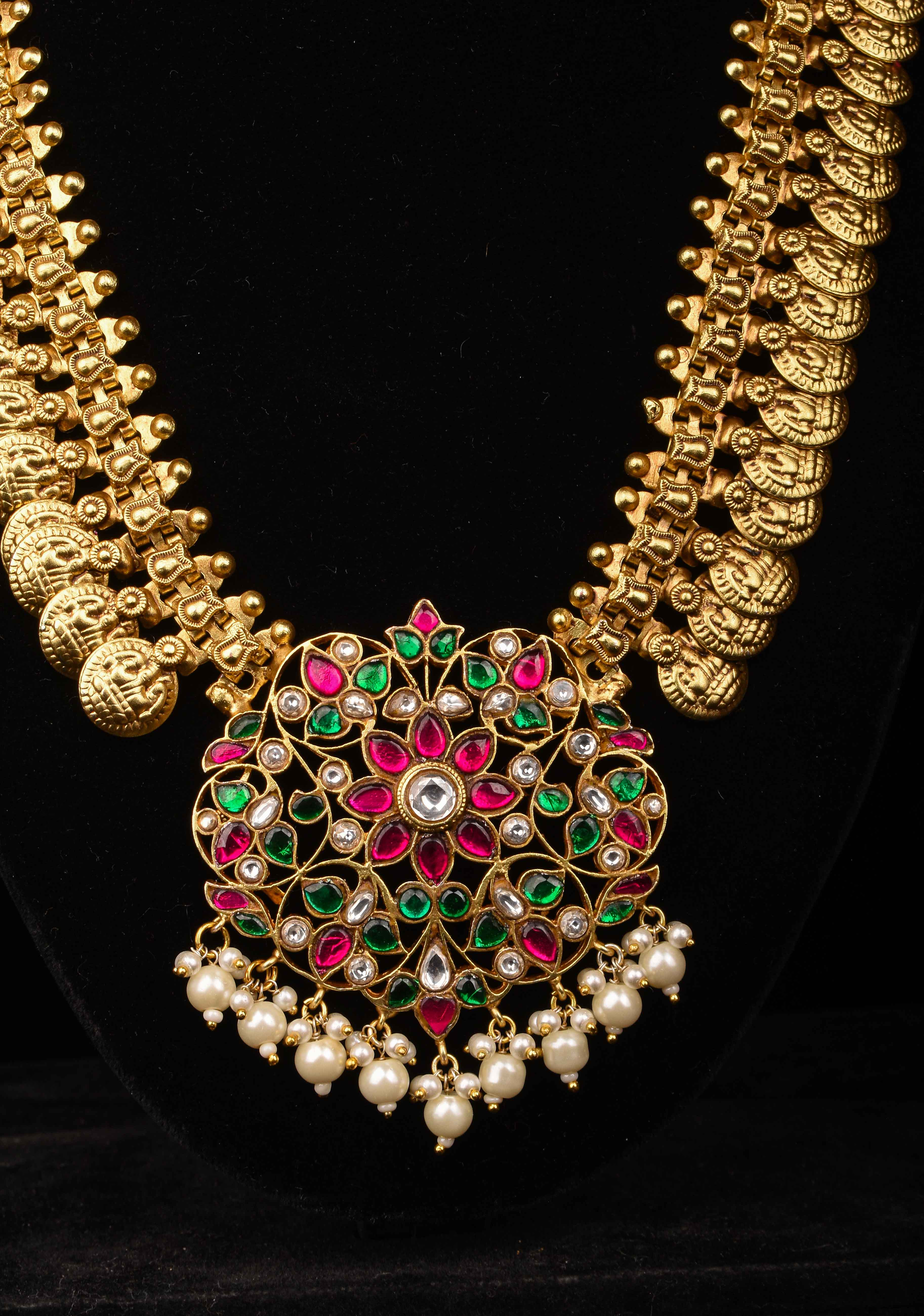 Vintage Style Lakshmi Coin Necklace with Kemp Stone Floral Design Pendant | SHOBITAM
