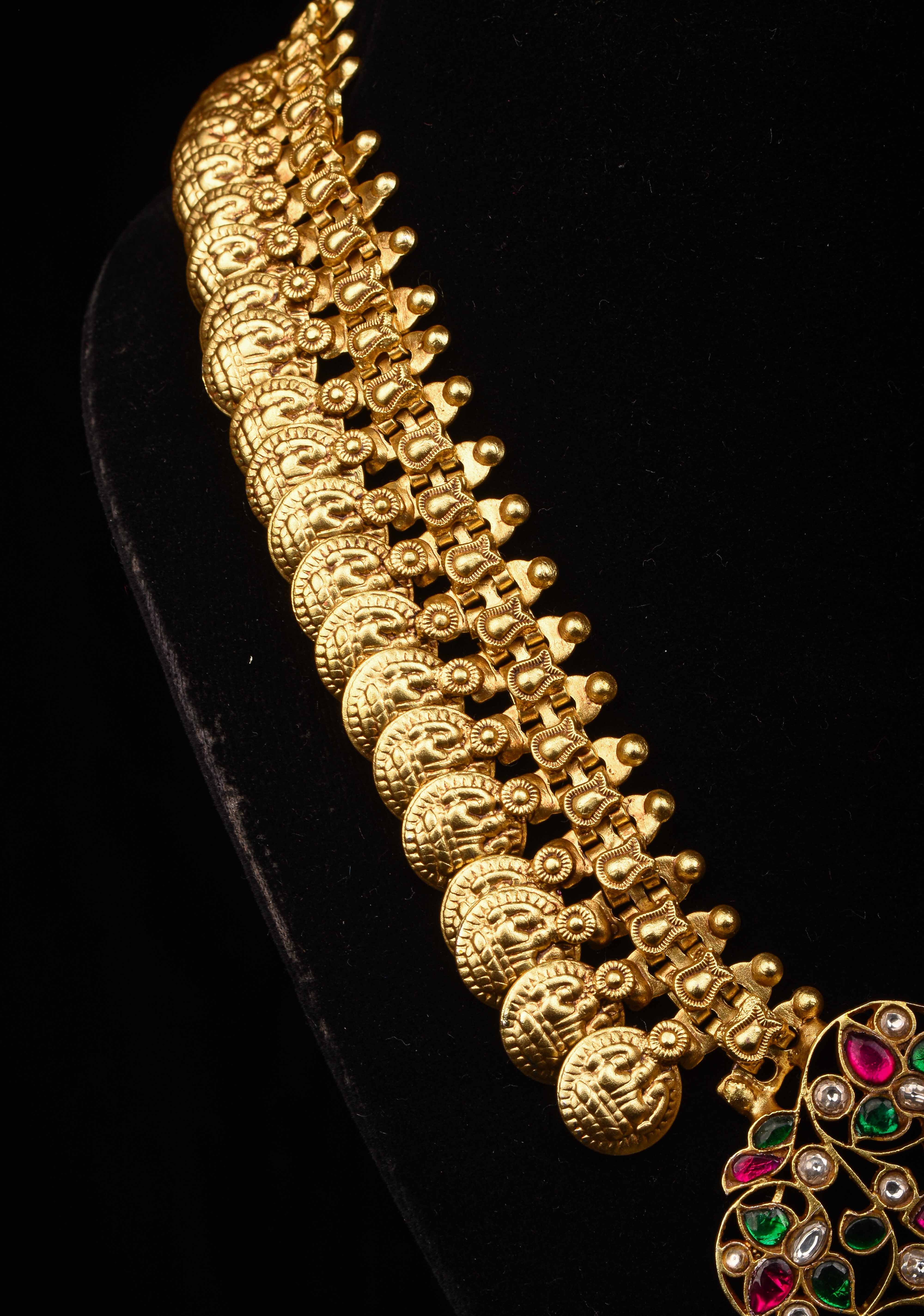 Vintage Style Lakshmi Coin Necklace with Kemp Stone Floral Design Pendant | SHOBITAM