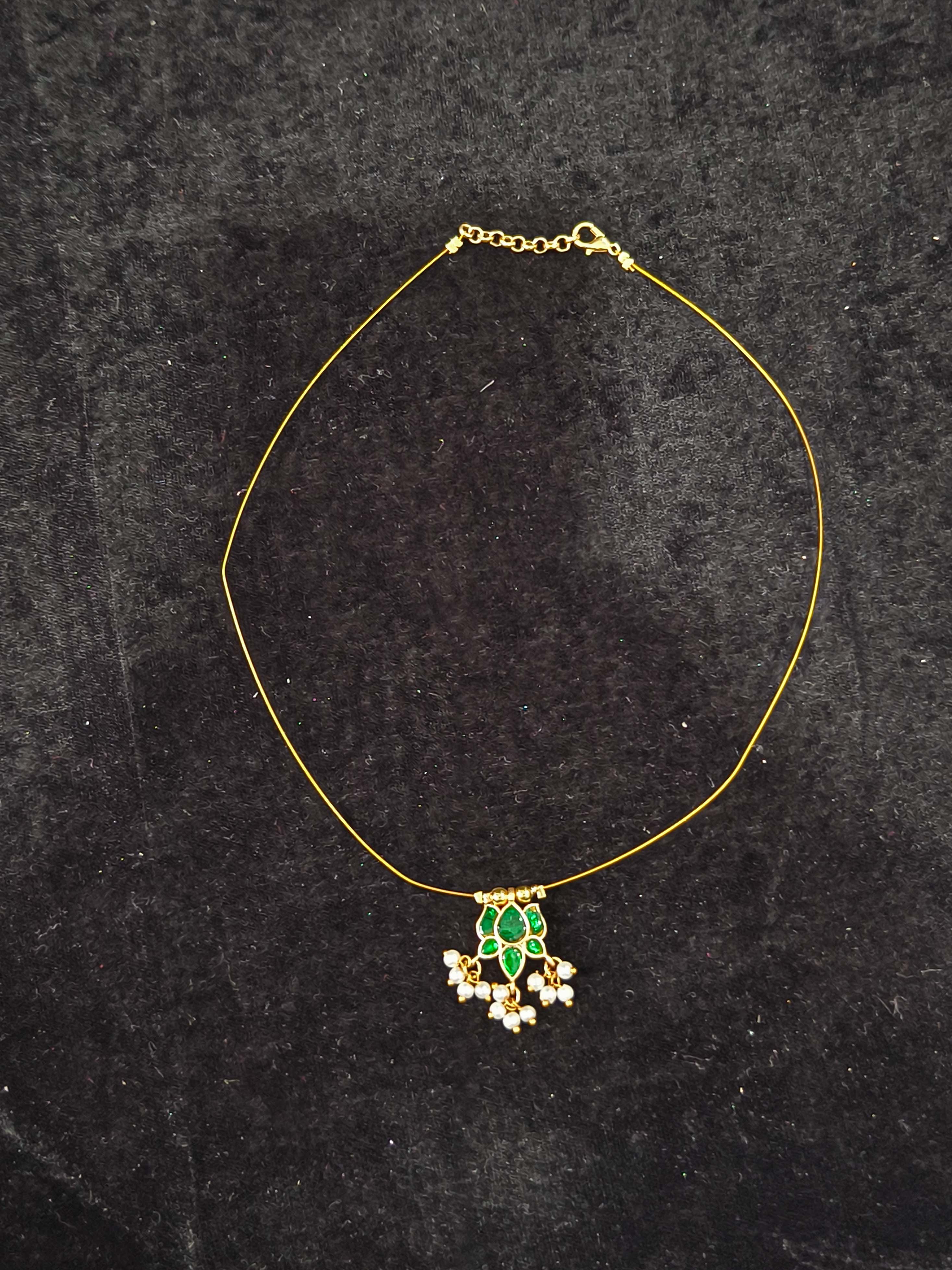 Invisible wire chain with Green Jadau Lotus Pendant | SHOBITAM