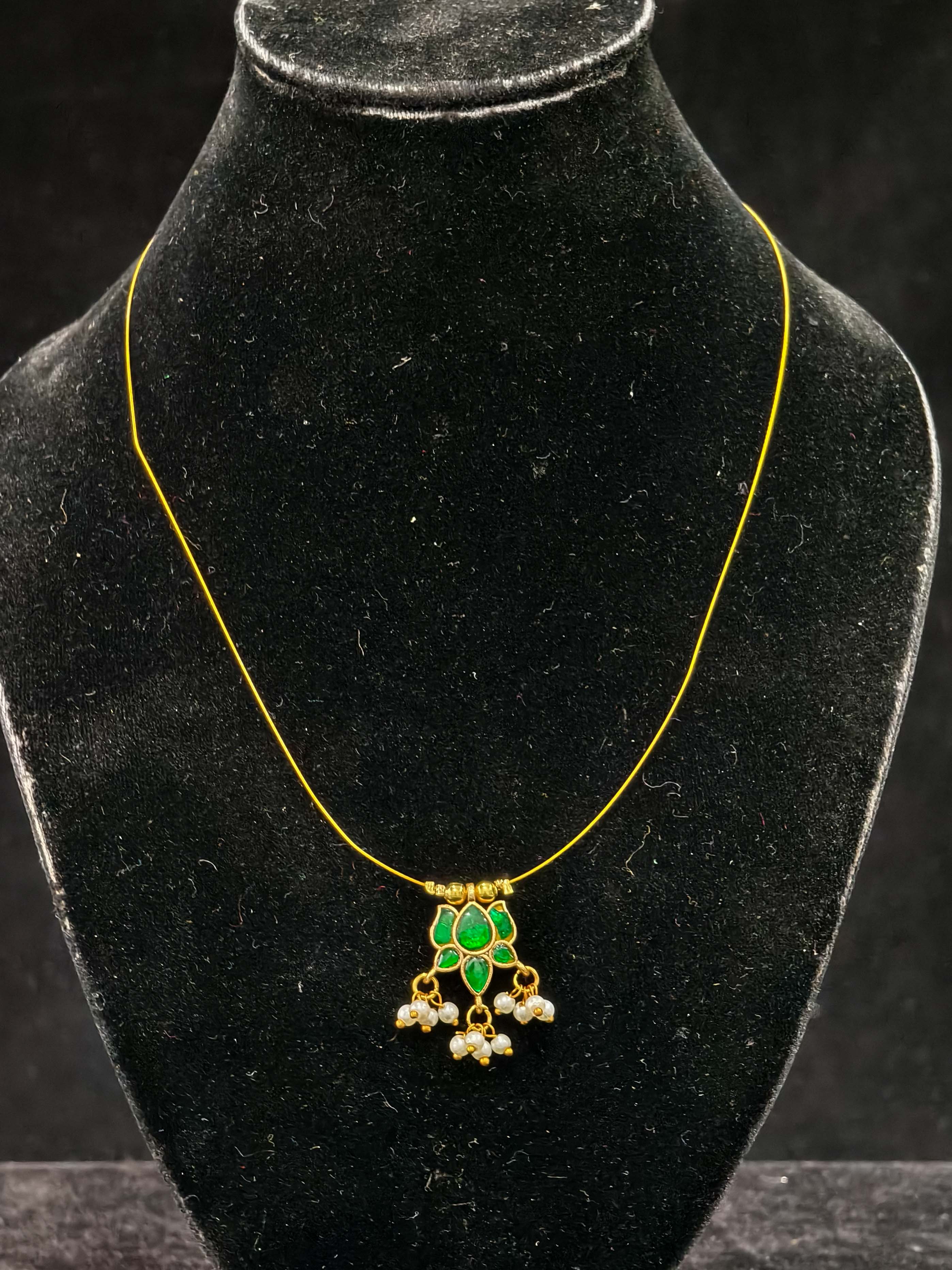 Invisible wire chain with Green Jadau Lotus Pendant | SHOBITAM