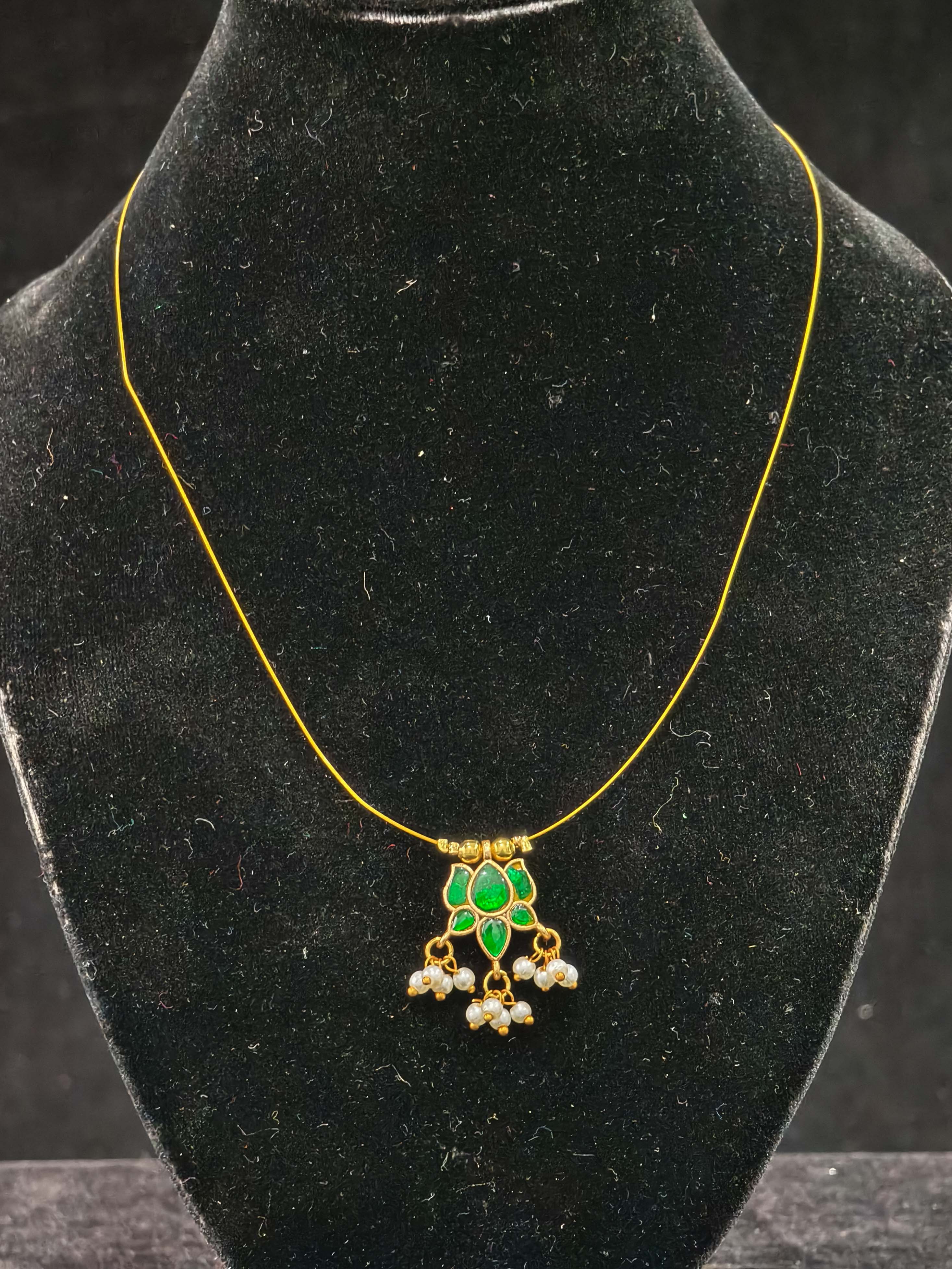 Invisible wire chain with Green Jadau Lotus Pendant | SHOBITAM