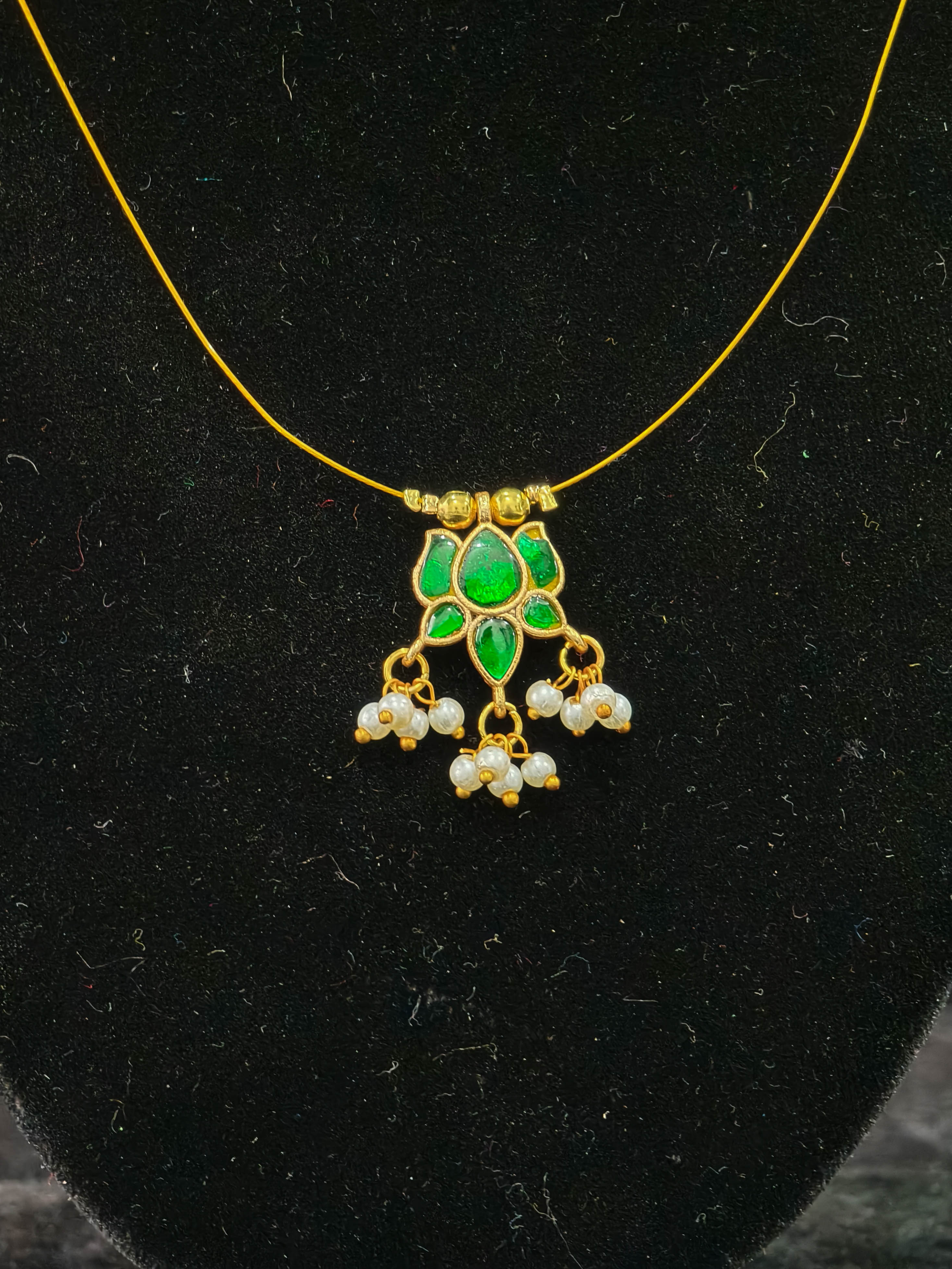 Invisible wire chain with Green Jadau Lotus Pendant | SHOBITAM
