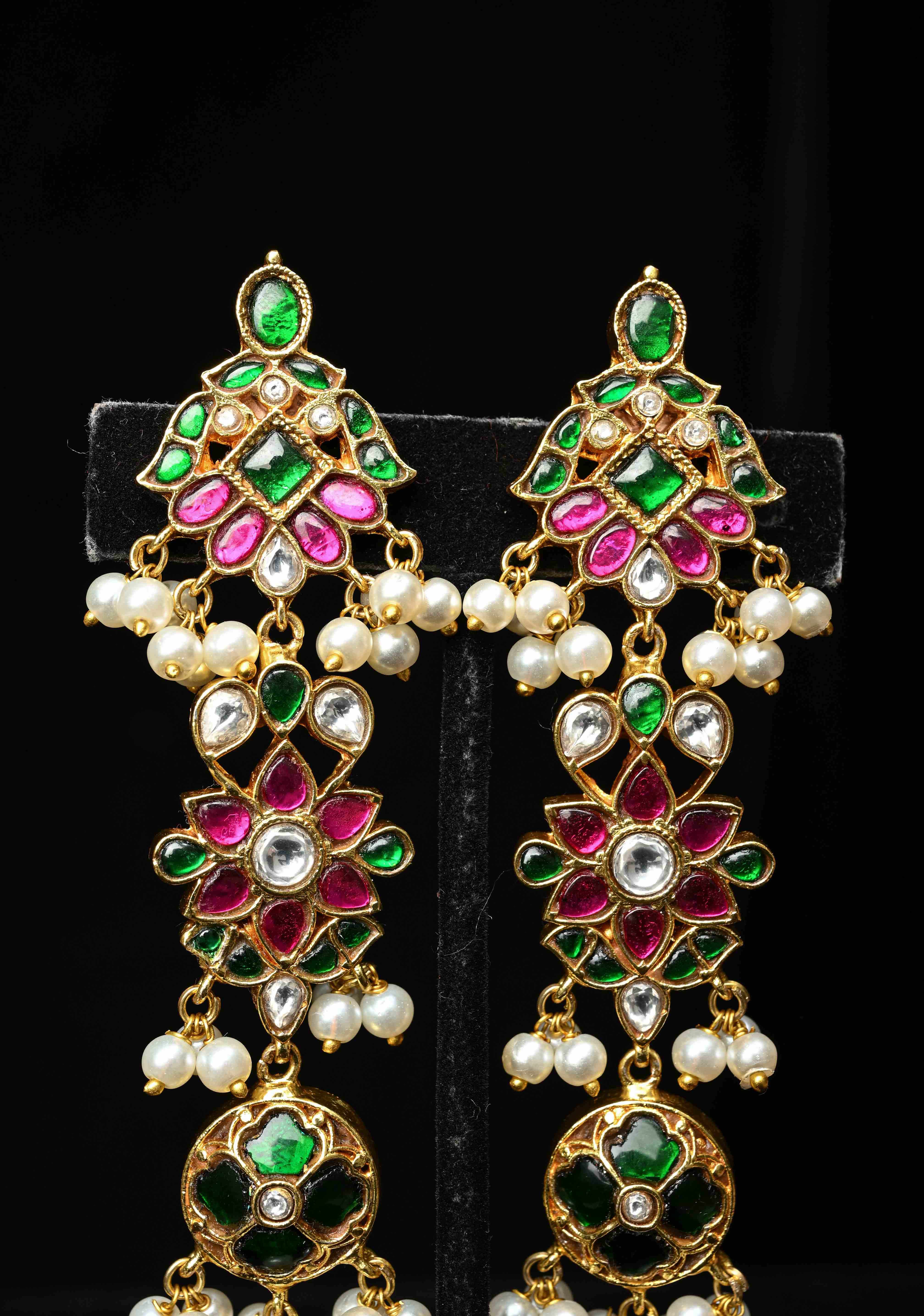 Ahmedabadi Jadau  Statement of Intricate Kundan Floral Design Earrings Dangling Pearls | SHOBITAM