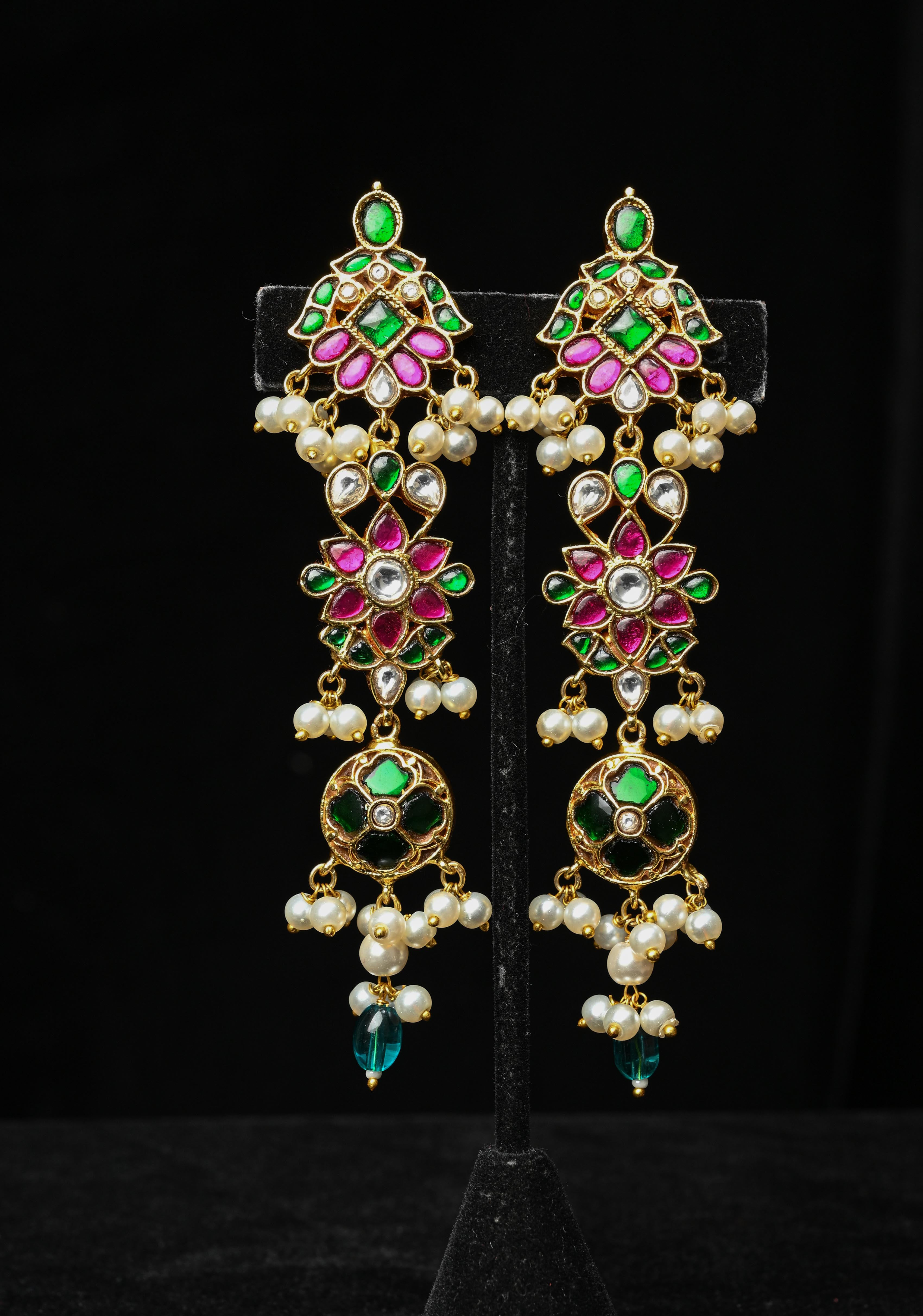 Ahmedabadi Jadau  Statement of Intricate Kundan Floral Design Earrings Dangling Pearls | SHOBITAM