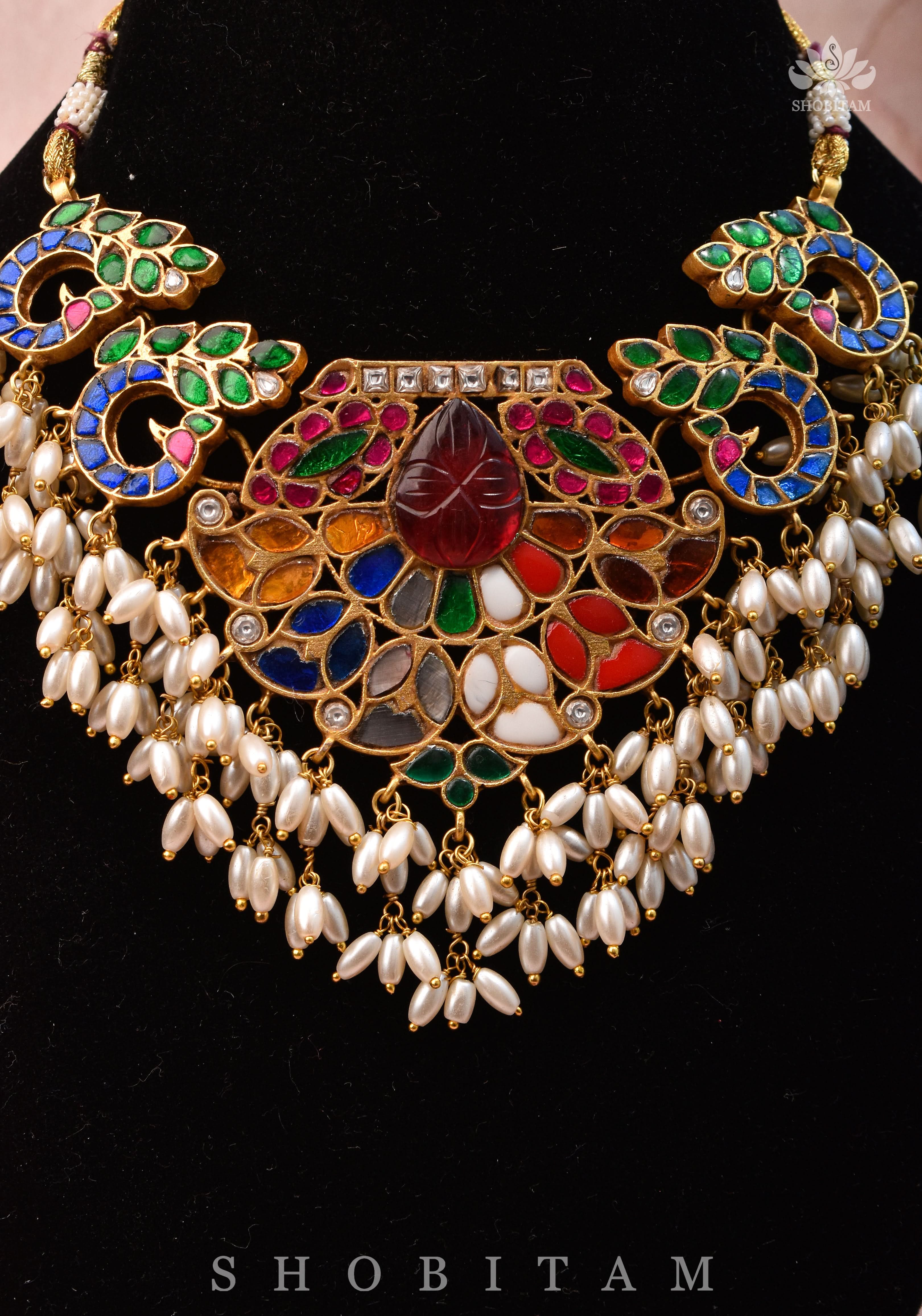 Exquisite Navaratna Vintage Design Necklace with dangling Rice Pearls, NECKLACE ONLY | SHOBITAM