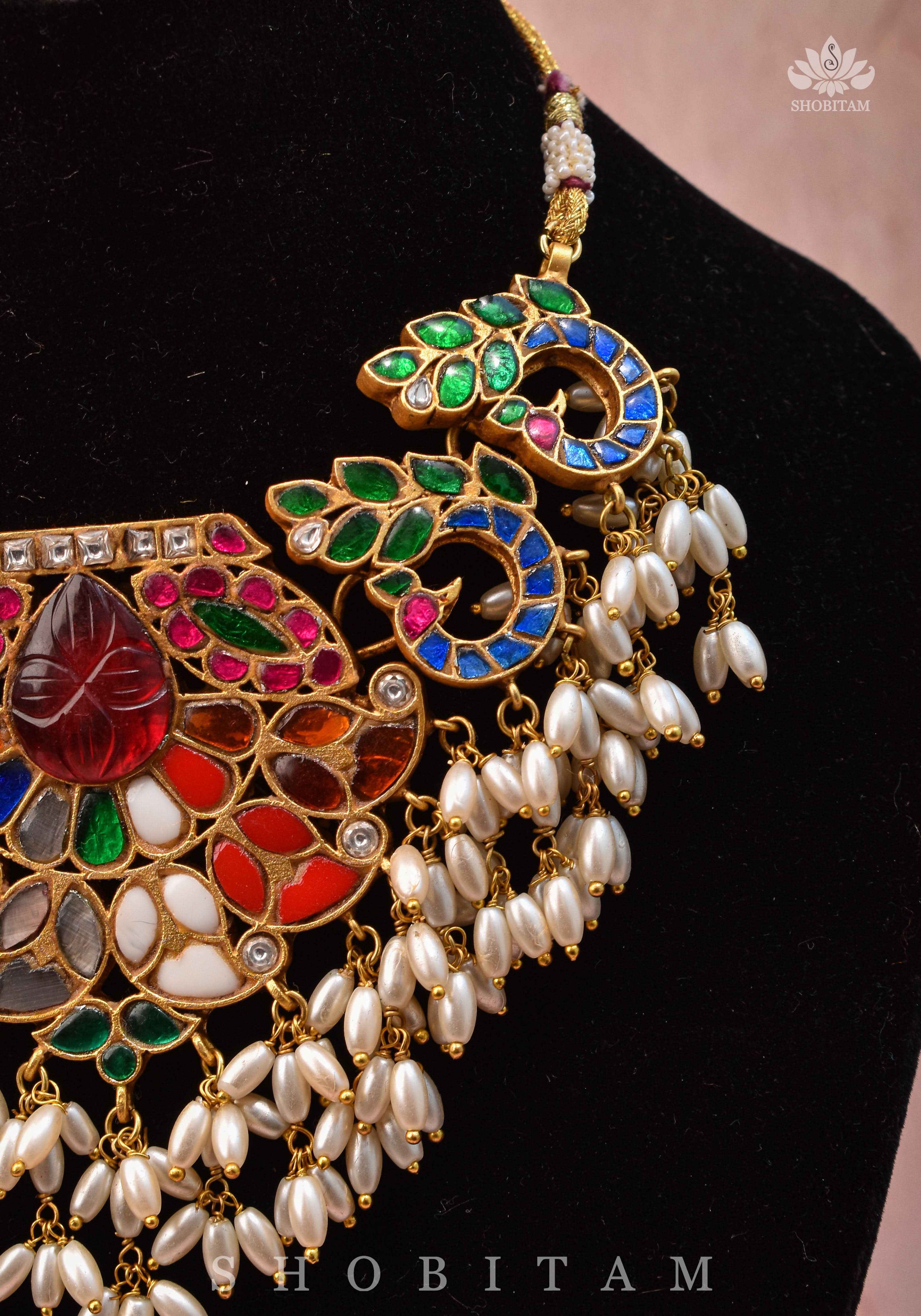 Exquisite Navaratna Vintage Design Necklace with dangling Rice Pearls, NECKLACE ONLY | SHOBITAM