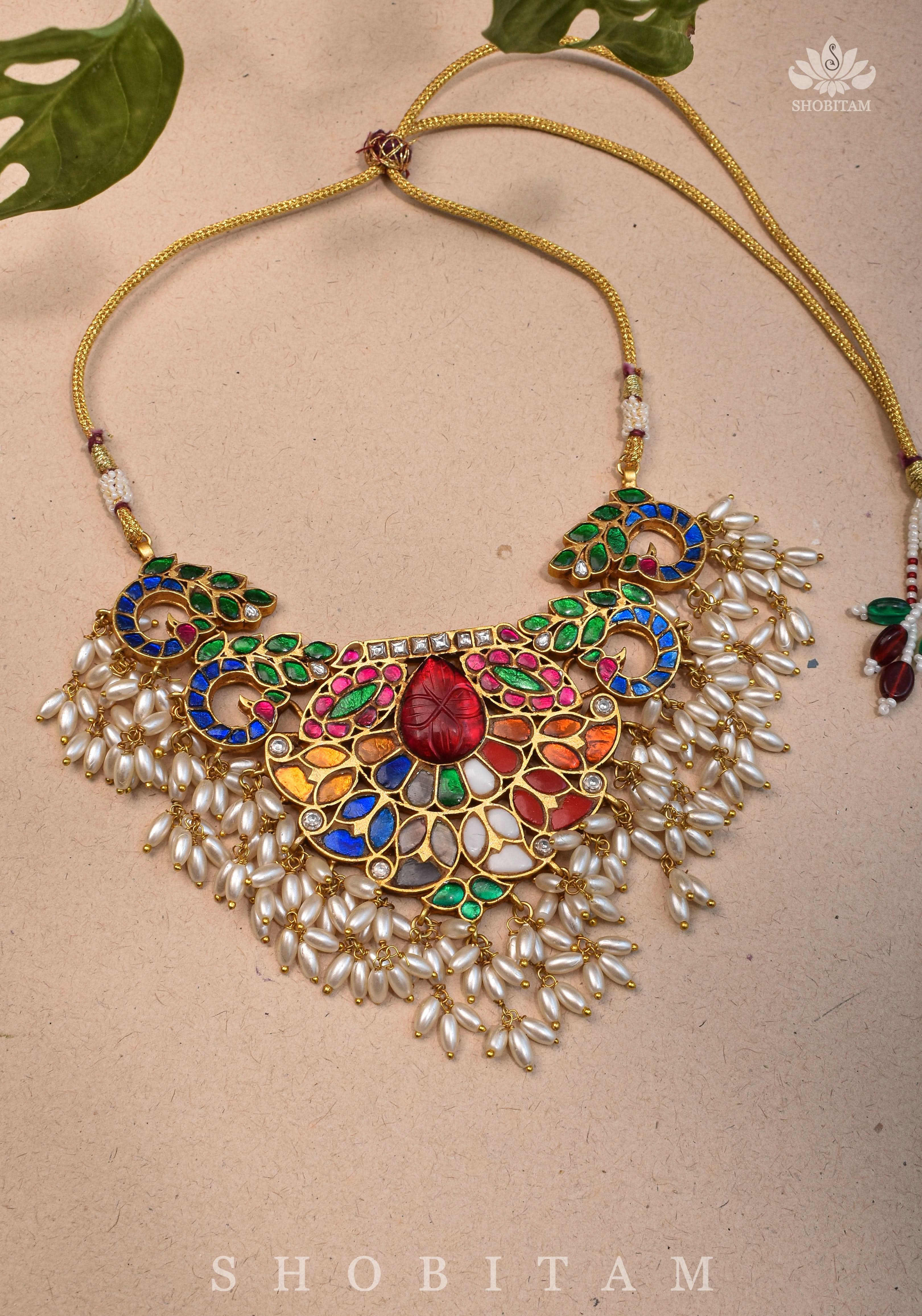 Exquisite Navaratna Vintage Design Necklace with dangling Rice Pearls, NECKLACE ONLY | SHOBITAM