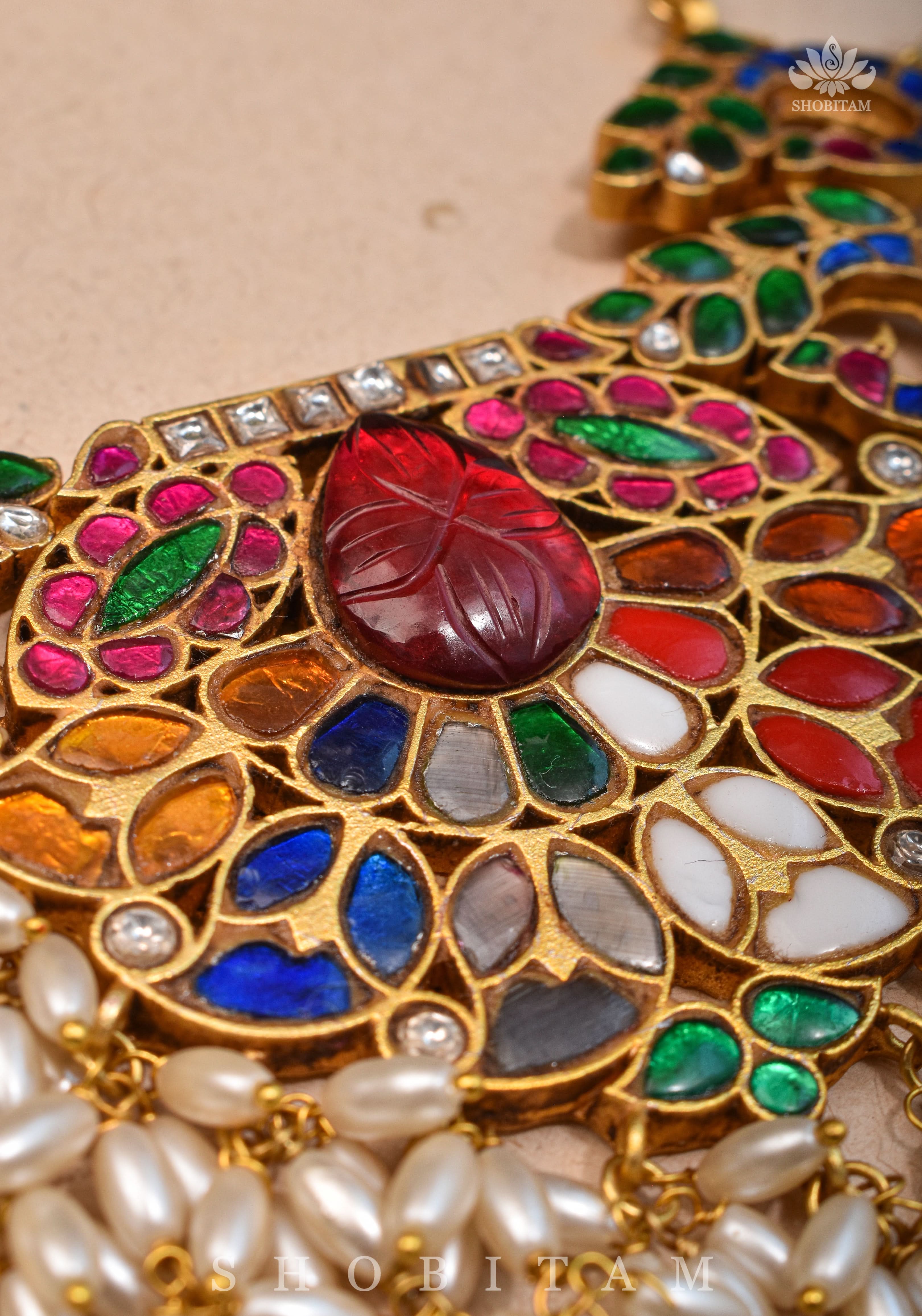 Exquisite Navaratna Vintage Design Necklace with dangling Rice Pearls, NECKLACE ONLY | SHOBITAM
