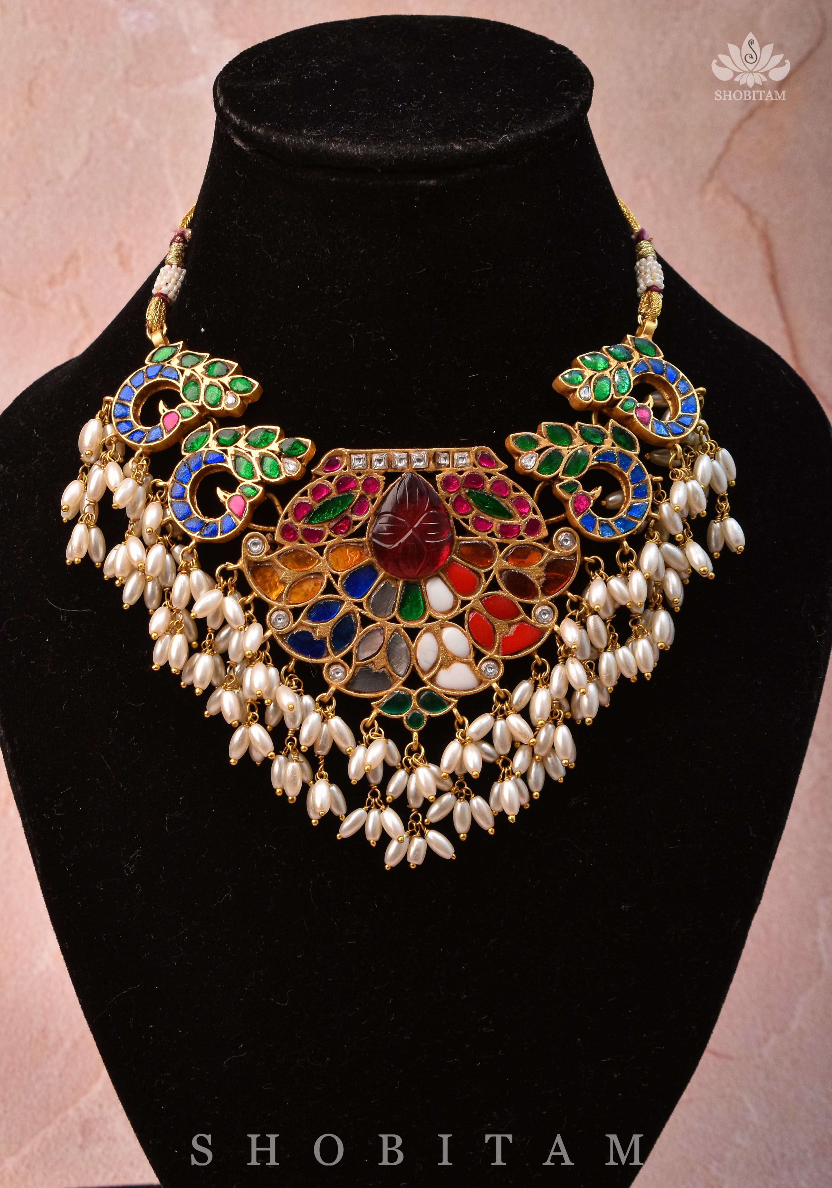 Exquisite Navaratna Vintage Design Necklace with dangling Rice Pearls, NECKLACE ONLY | SHOBITAM