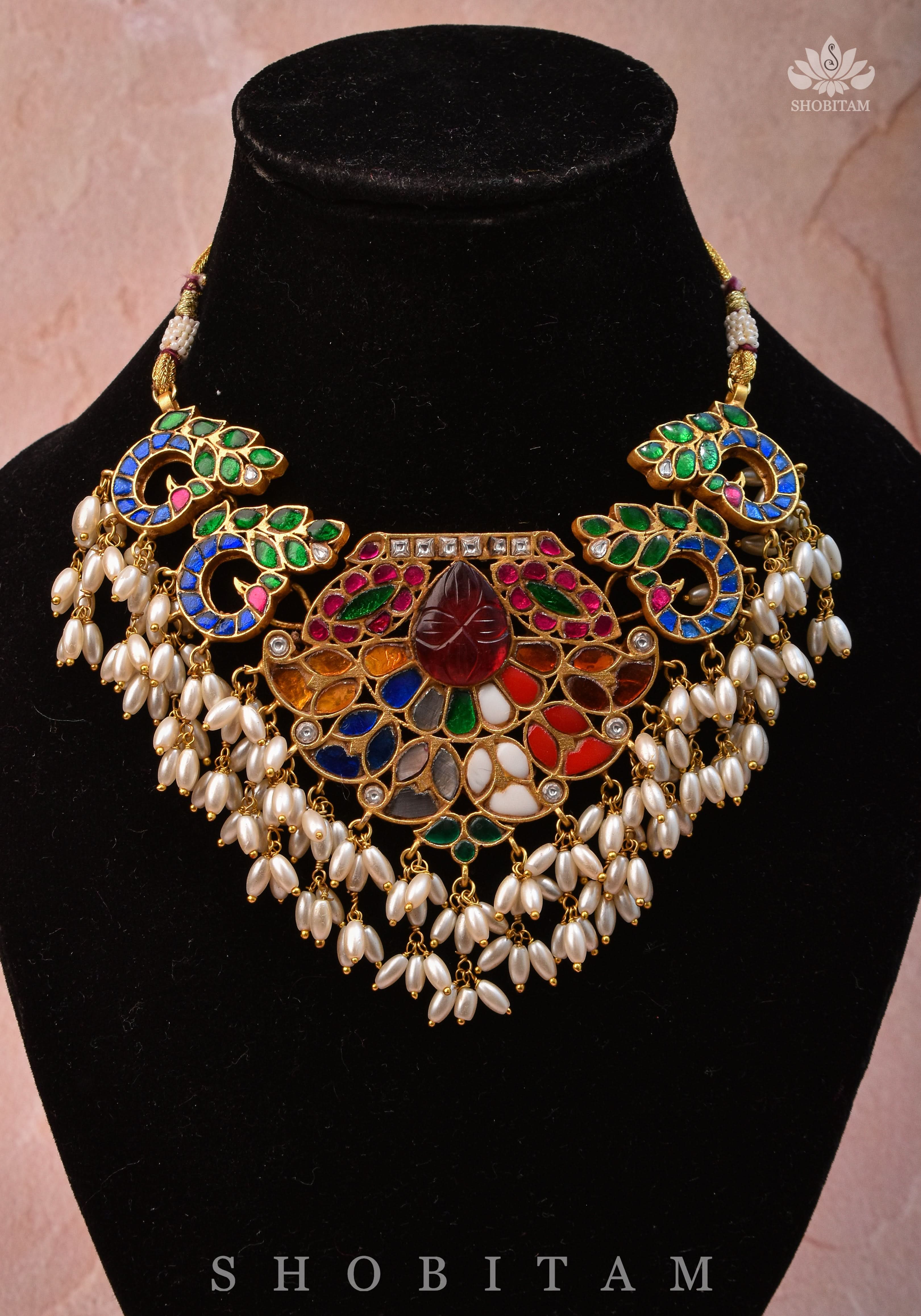 Exquisite Navaratna Vintage Design Necklace with dangling Rice Pearls, NECKLACE ONLY | SHOBITAM