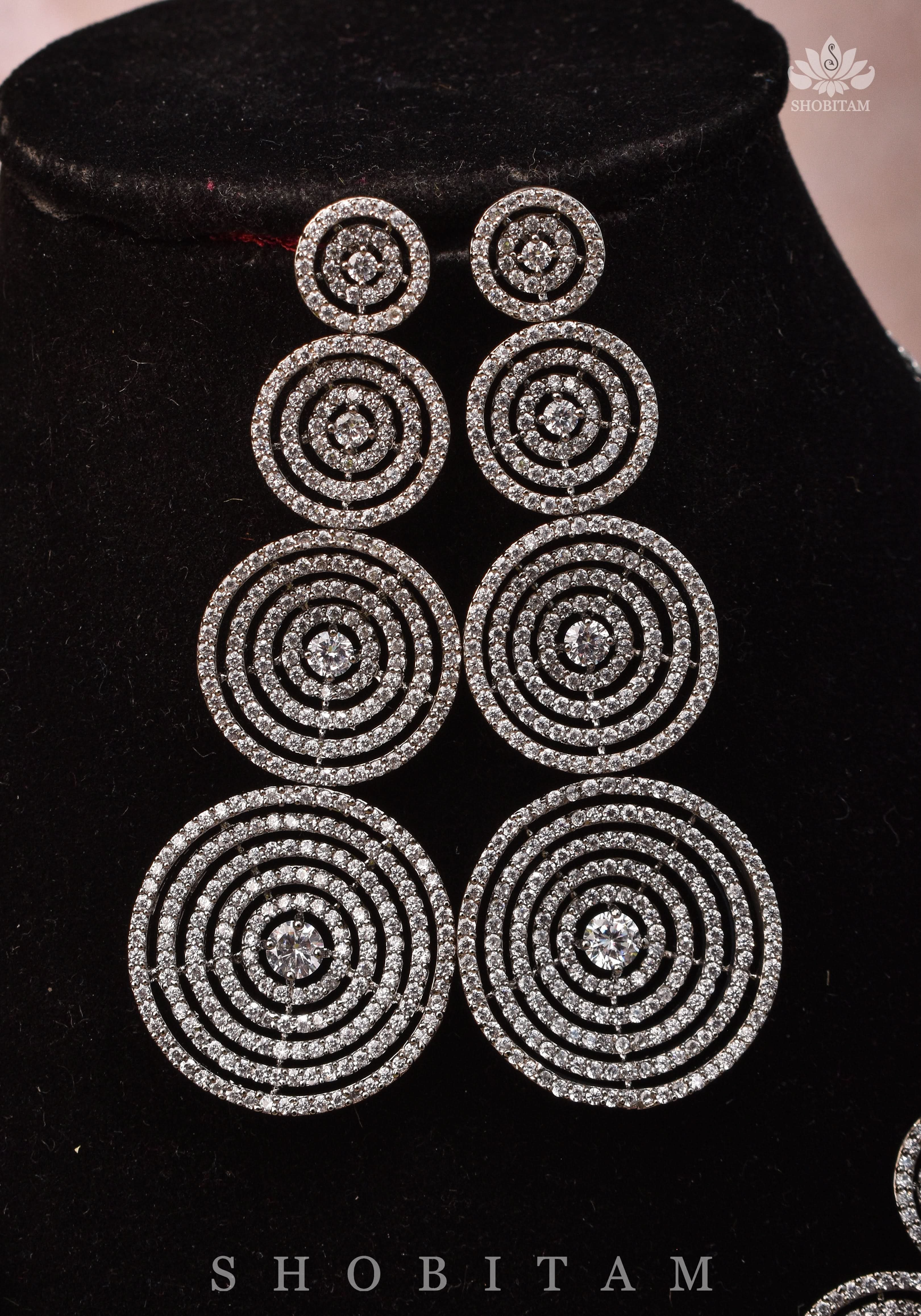 CZ Stone Studded Halo design  Necklace Set with 3" Long Earrings | Shobitam Jewelry