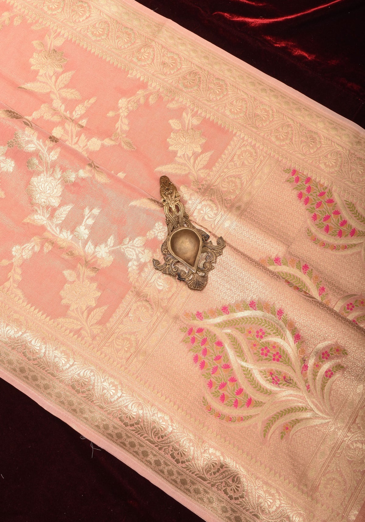 Blush Peach Tissue Semi silk saree with leheria Zari Floral vine pattern | SHOBITAM