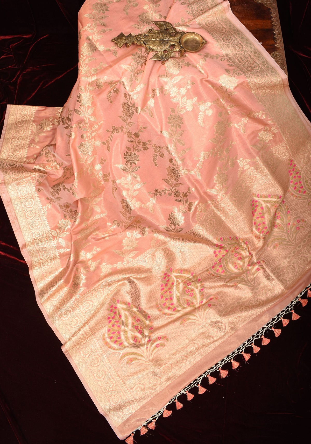 Blush Peach Tissue Semi silk saree with leheria Zari Floral vine pattern | SHOBITAM