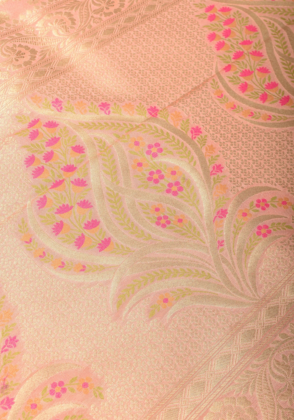 Blush Peach Tissue Semi silk saree with leheria Zari Floral vine pattern | SHOBITAM