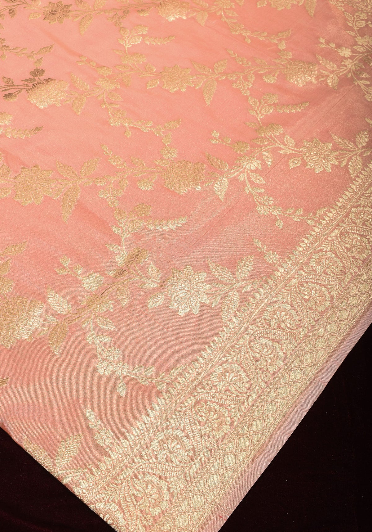 Blush Peach Tissue Semi silk saree with leheria Zari Floral vine pattern | SHOBITAM