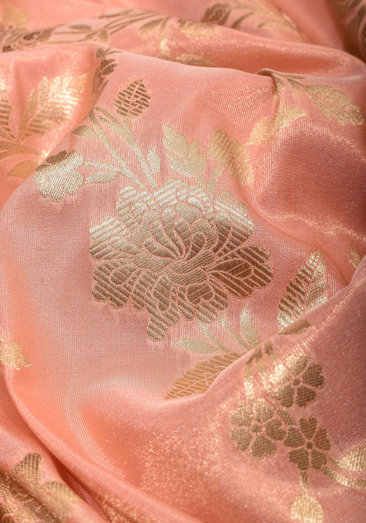 Blush Peach Tissue Semi silk saree with leheria Zari Floral vine pattern | SHOBITAM