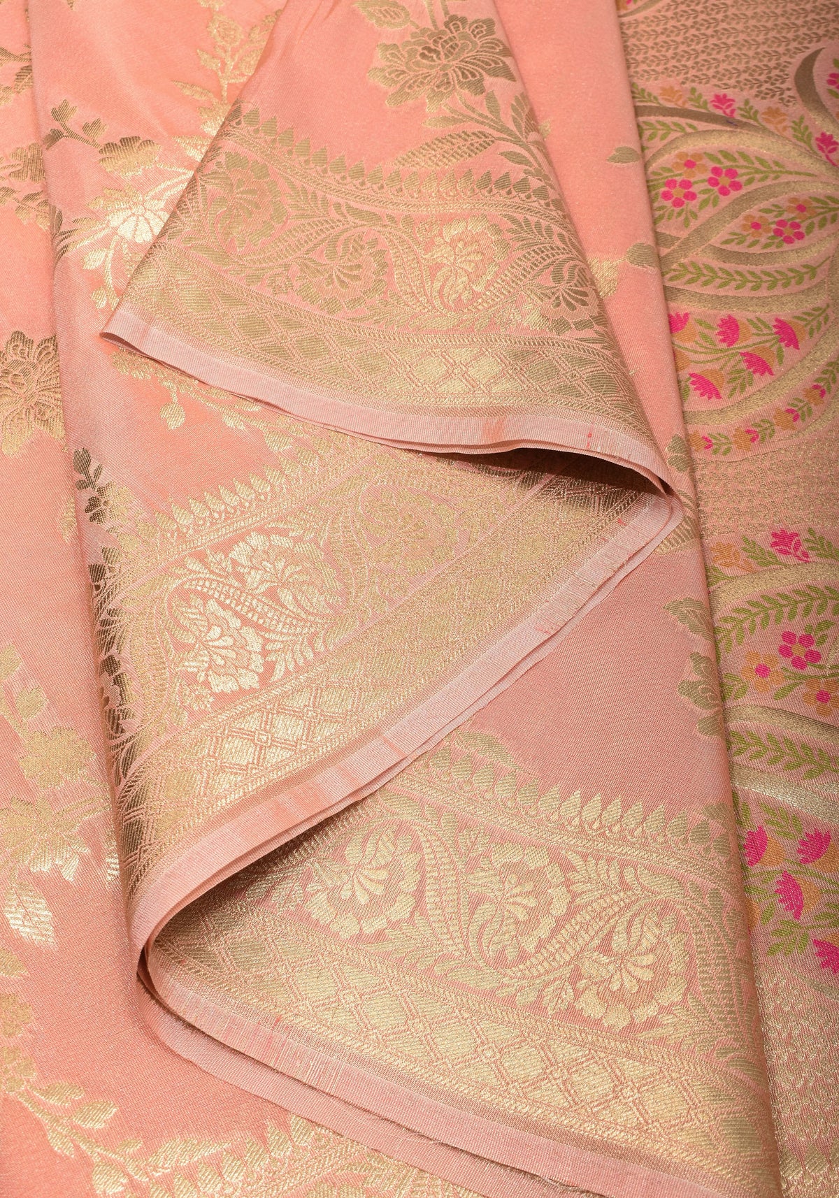 Blush Peach Tissue Semi silk saree with leheria Zari Floral vine pattern | SHOBITAM