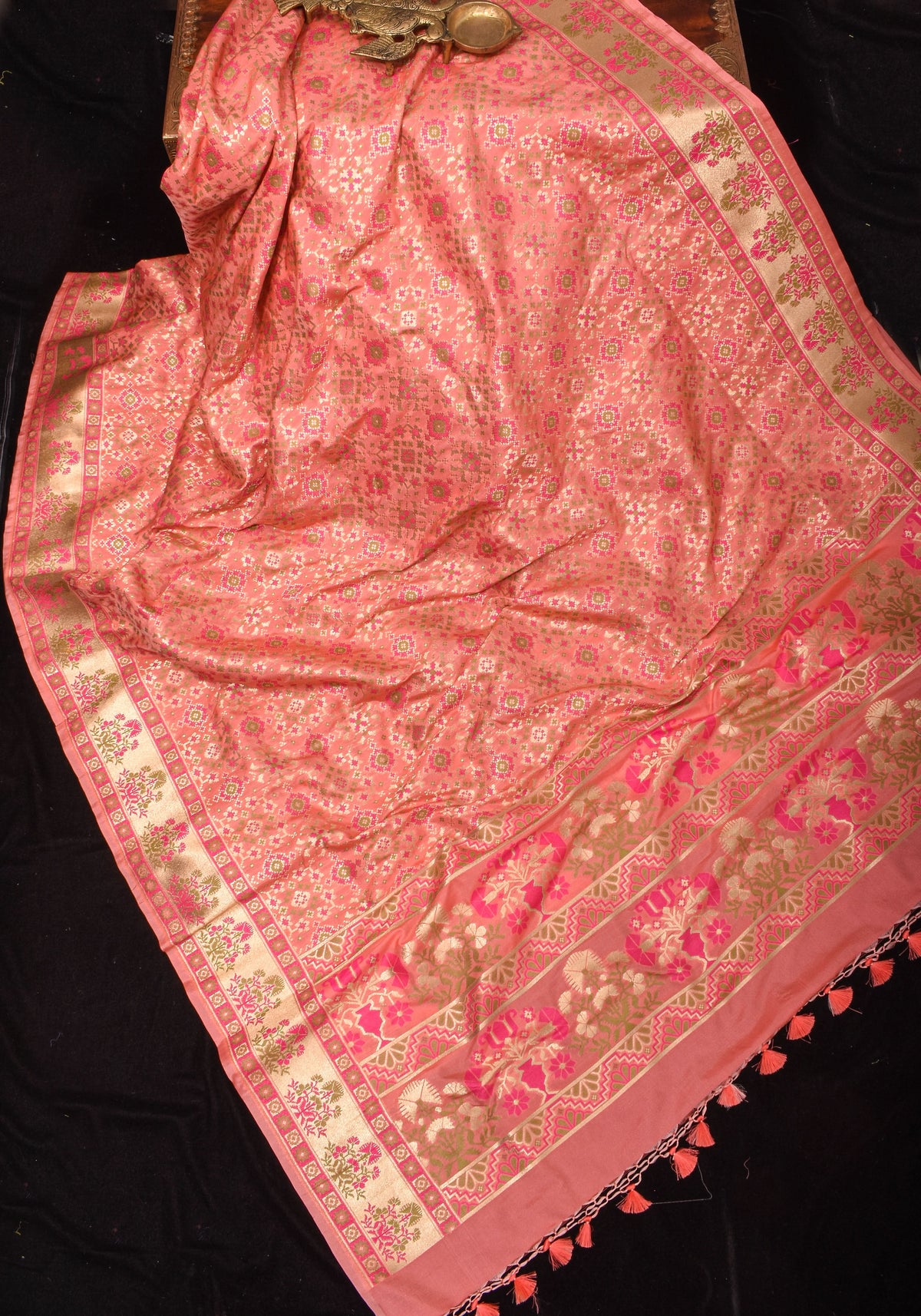 Exquisite Coral Pink Semi Silk Saree with Patola Ikkat Meenakari Zari Border and Pallu | SHOBITAM