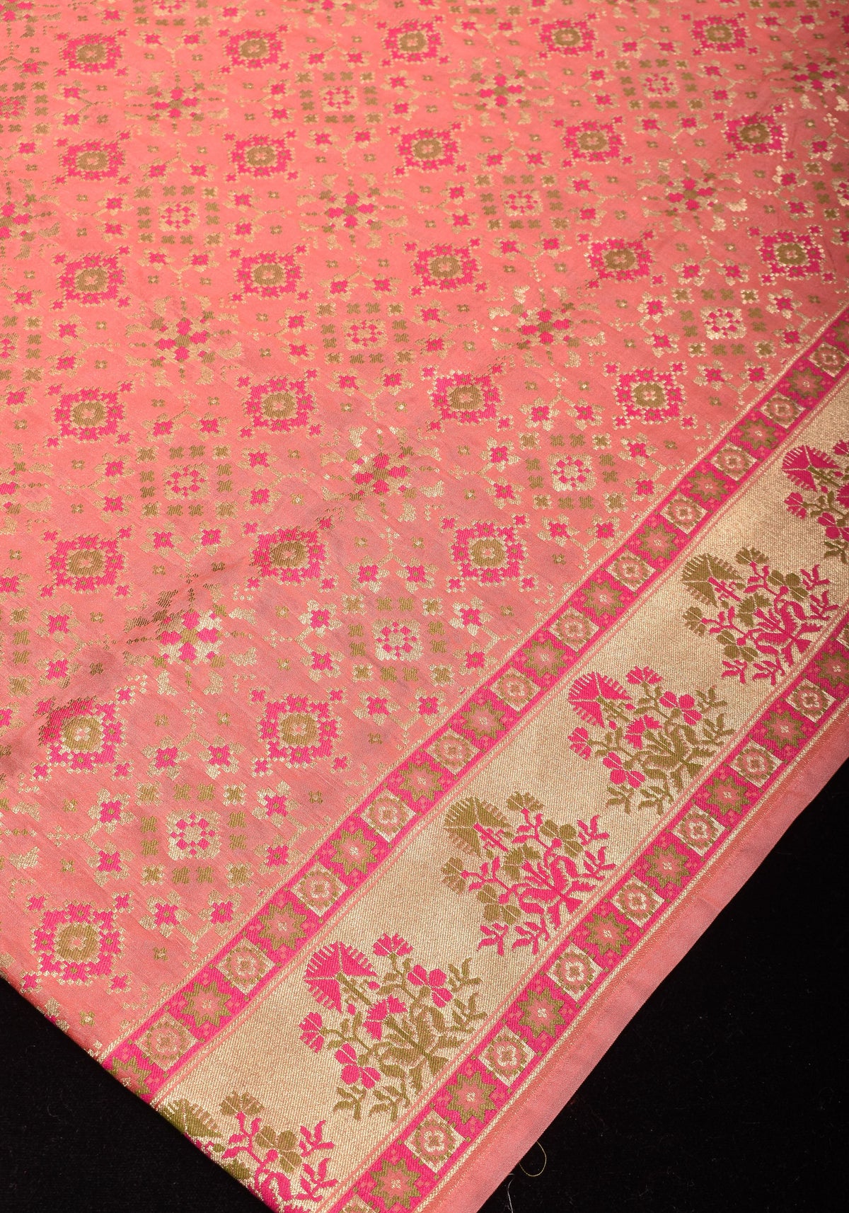 Exquisite Coral Pink Semi Silk Saree with Patola Ikkat Meenakari Zari Border and Pallu | SHOBITAM