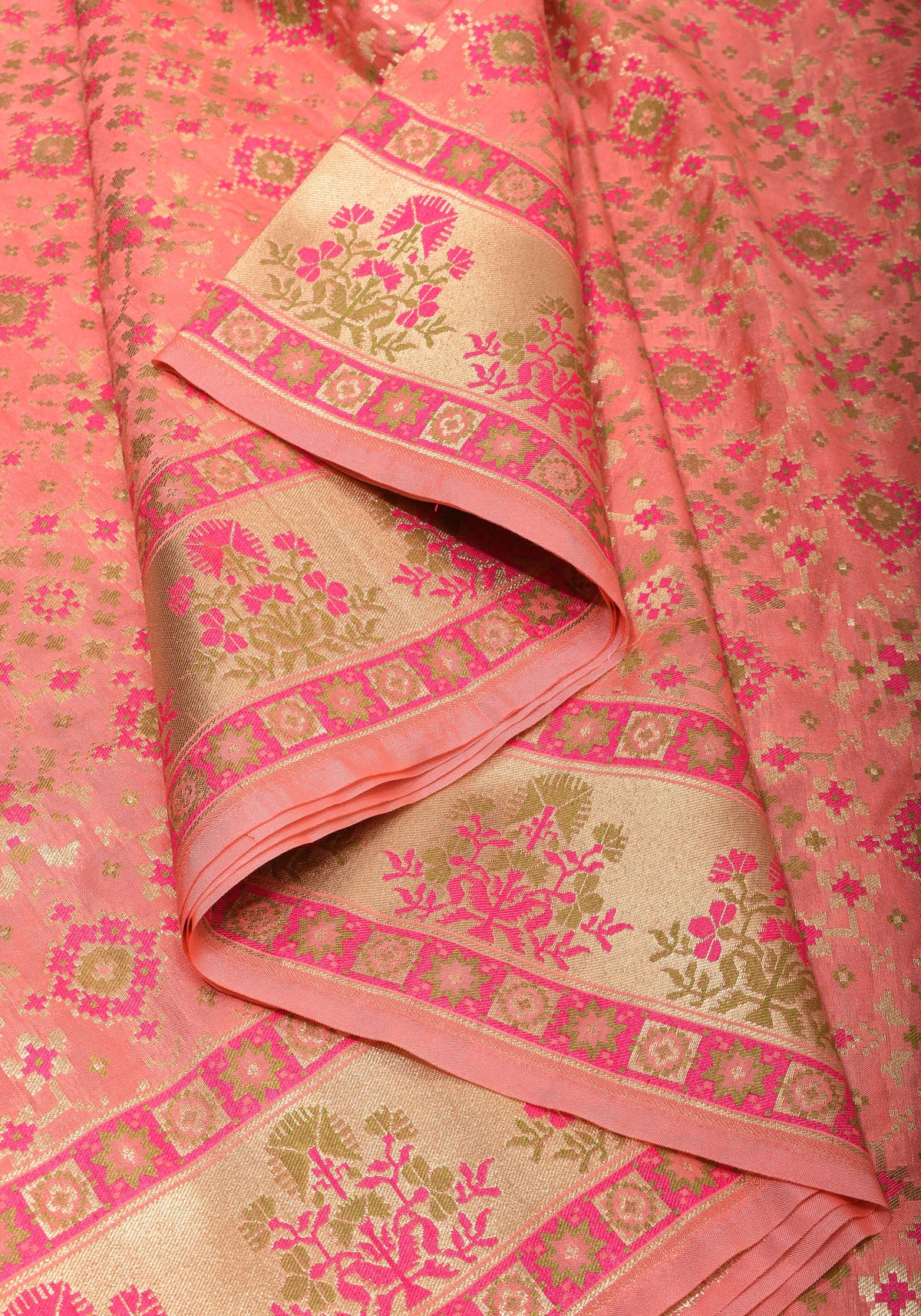 Exquisite Coral Pink Semi Silk Saree with Patola Ikkat Meenakari Zari Border and Pallu | SHOBITAM