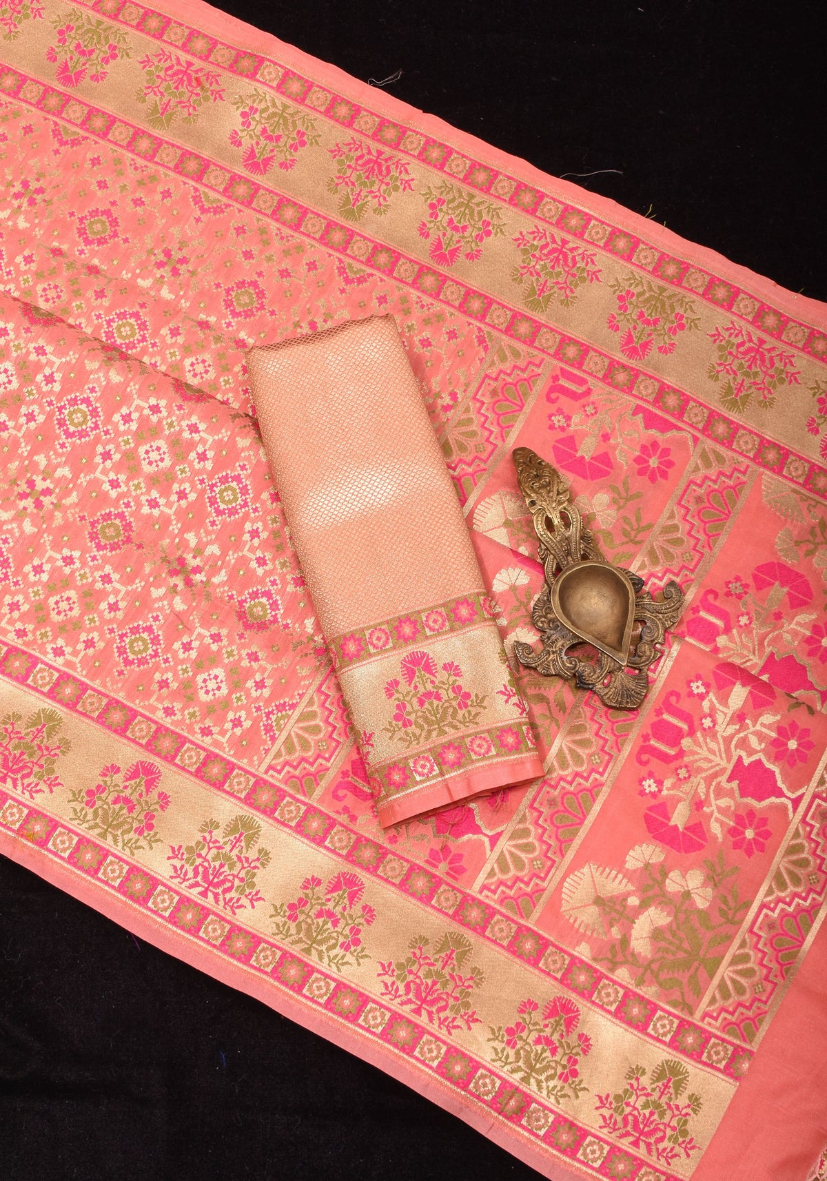 Exquisite Coral Pink Semi Silk Saree with Patola Ikkat Meenakari Zari Border and Pallu | SHOBITAM