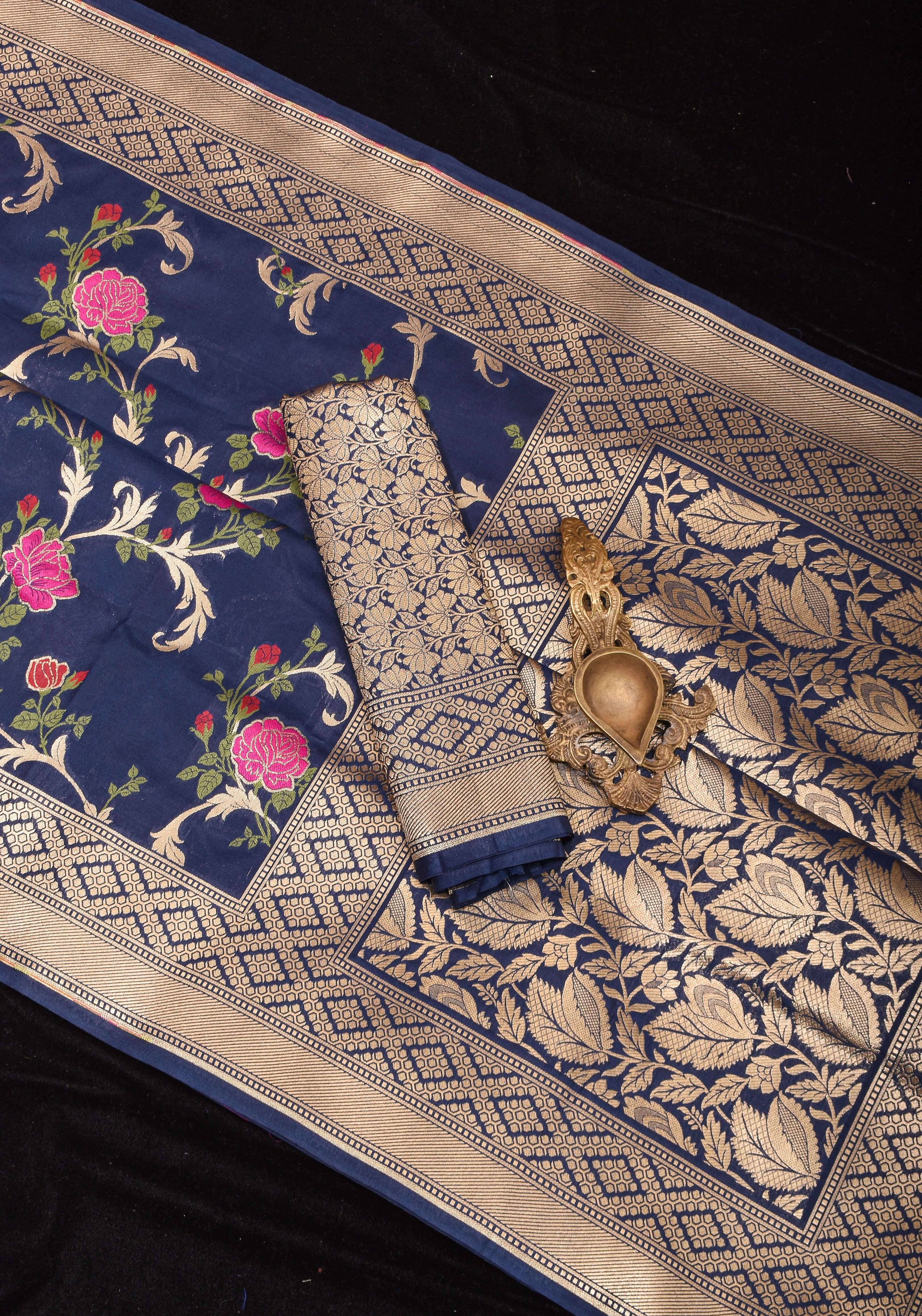 Space Cadet tone Exquisite Meenakari Rose Jaal Semi Silk Saree and zari border | Shobitam