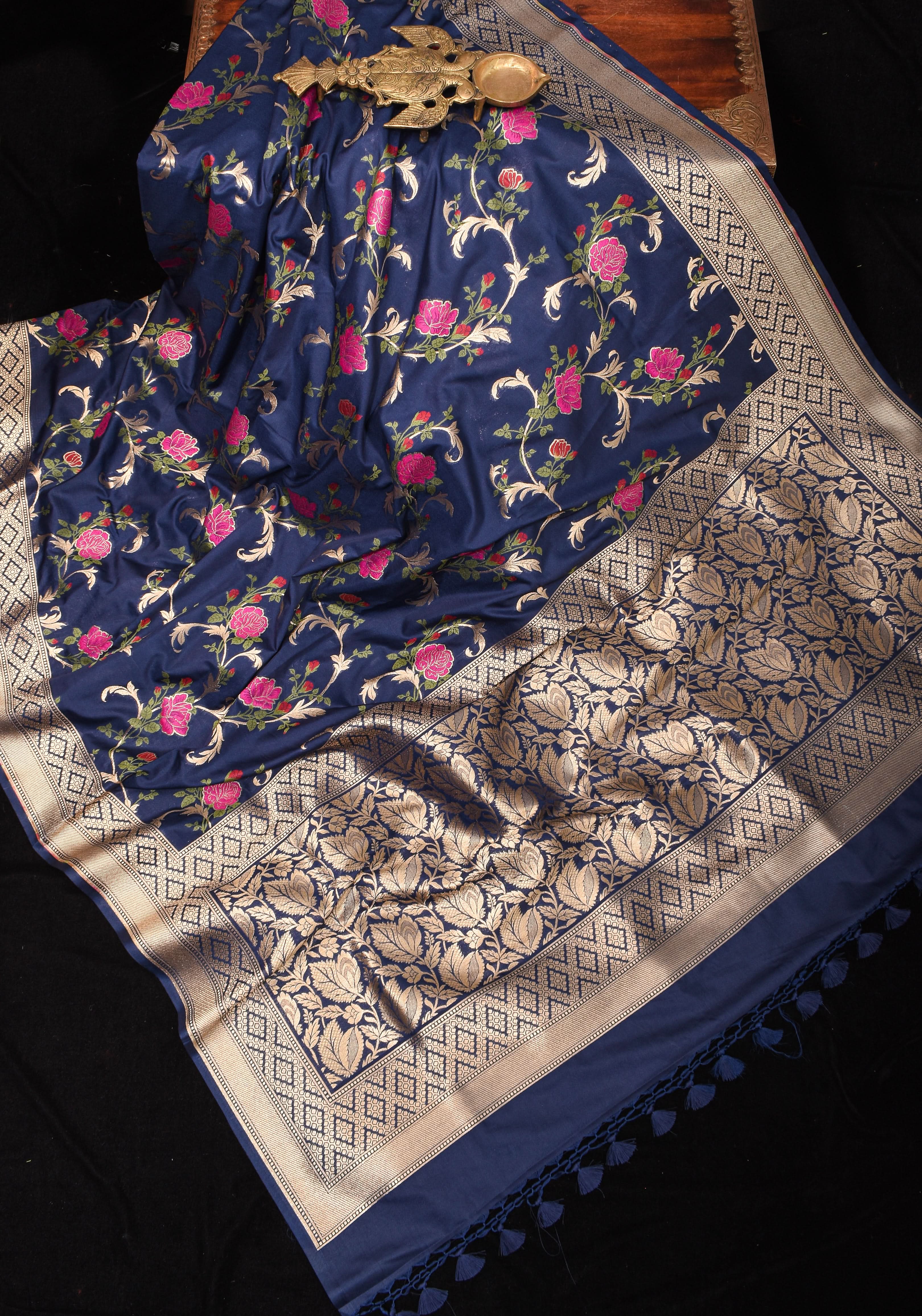 Space Cadet tone Exquisite Meenakari Rose Jaal Semi Silk Saree and zari border | Shobitam