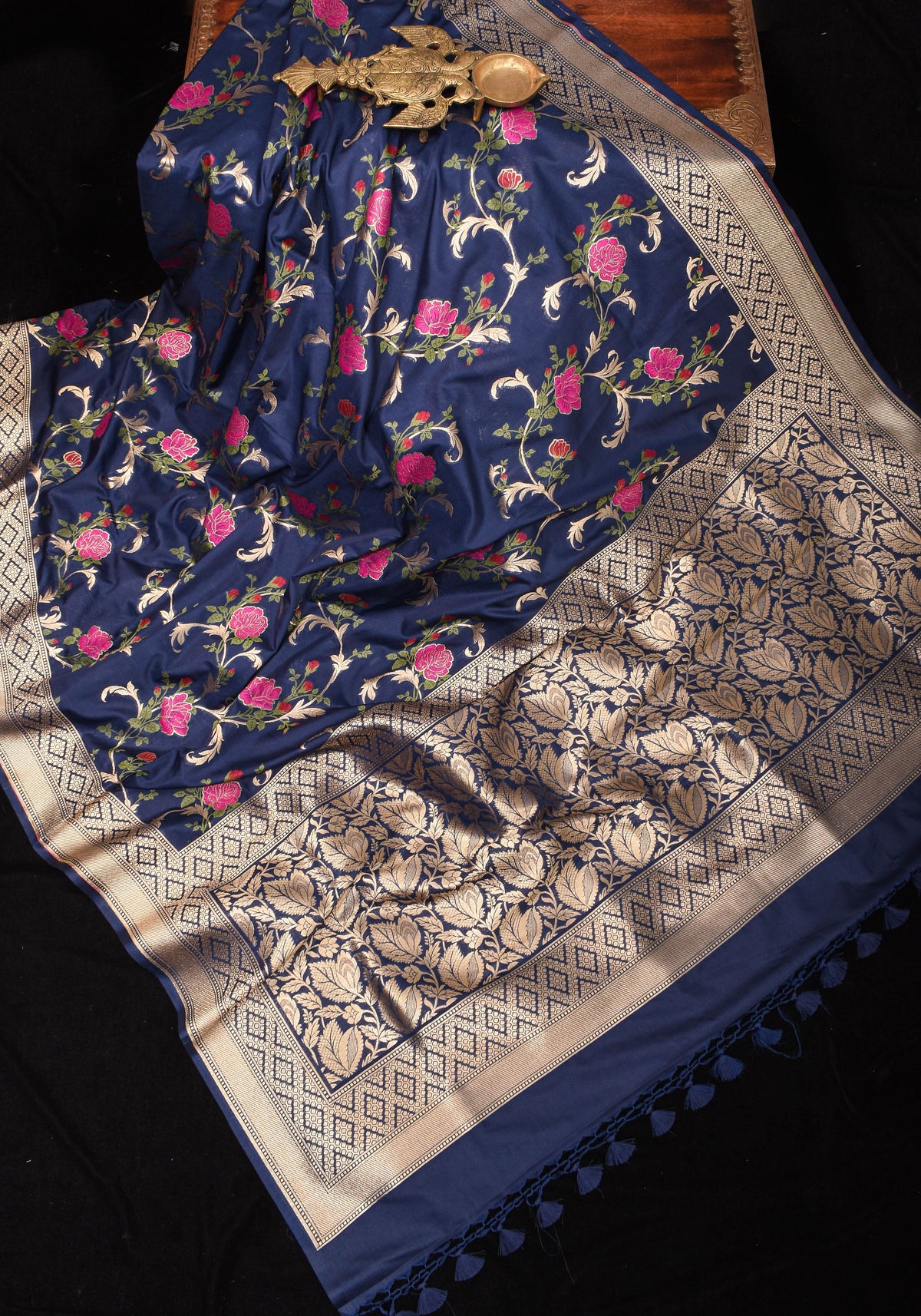 Space Cadet tone Exquisite Meenakari Rose Jaal Semi Silk Saree and zari border | SHOBITAM