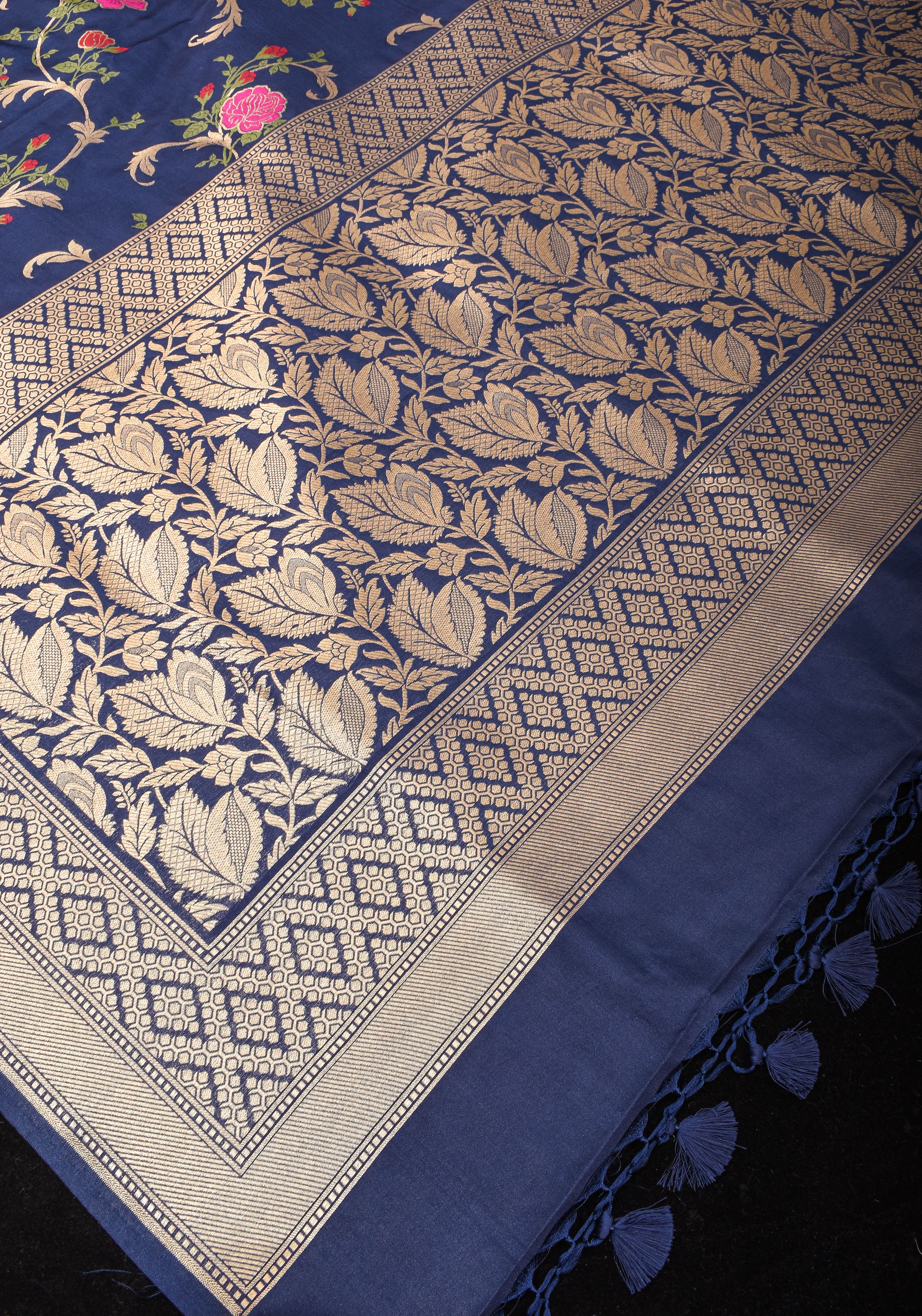 Space Cadet tone Exquisite Meenakari Rose Jaal Semi Silk Saree and zari border | Shobitam