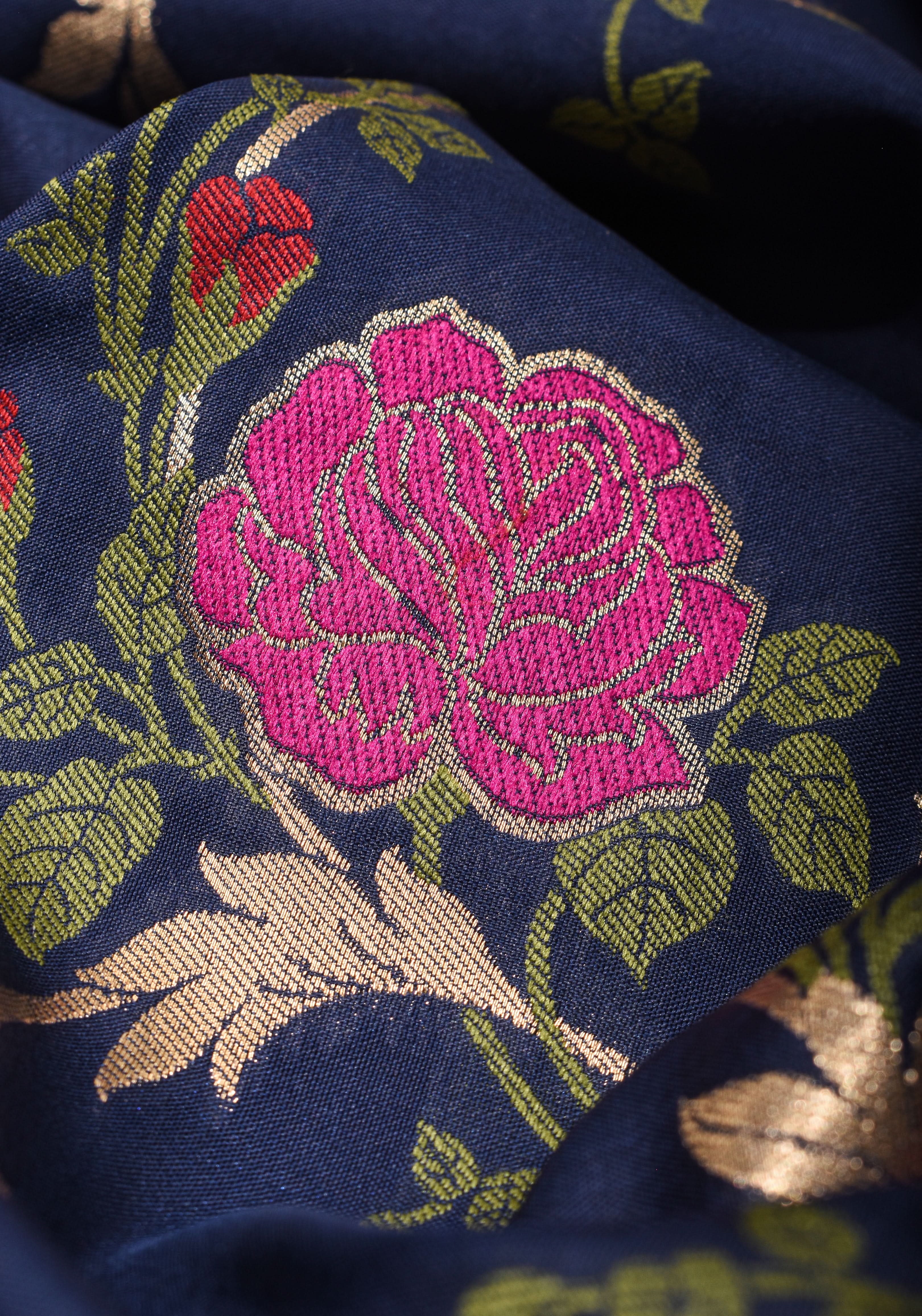 Space Cadet tone Exquisite Meenakari Rose Jaal Semi Silk Saree and zari border | Shobitam