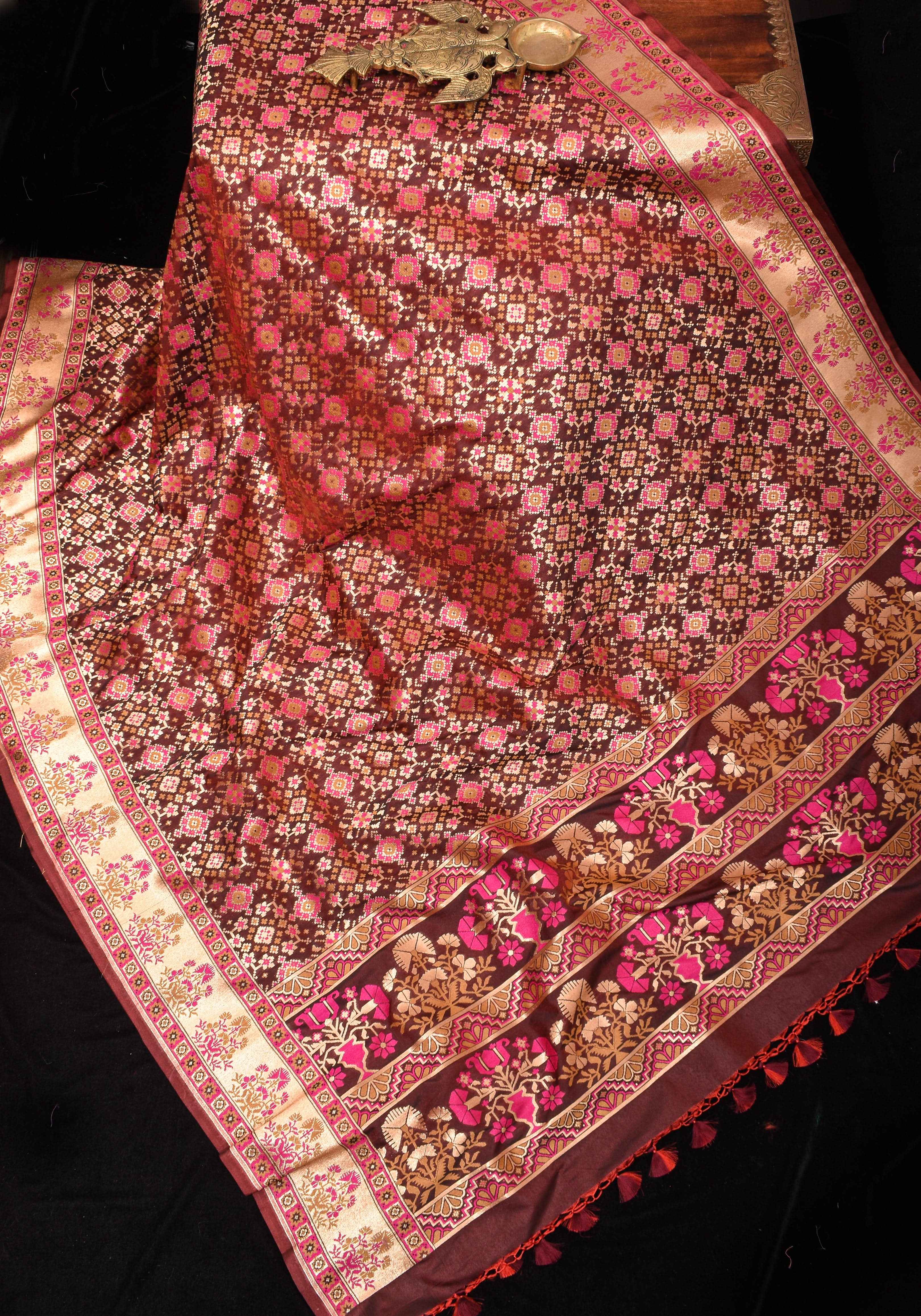 Exquisite Brown Semi Silk Saree with Patola Ikkat Meenakari Zari Border and Pallu | Shobitam