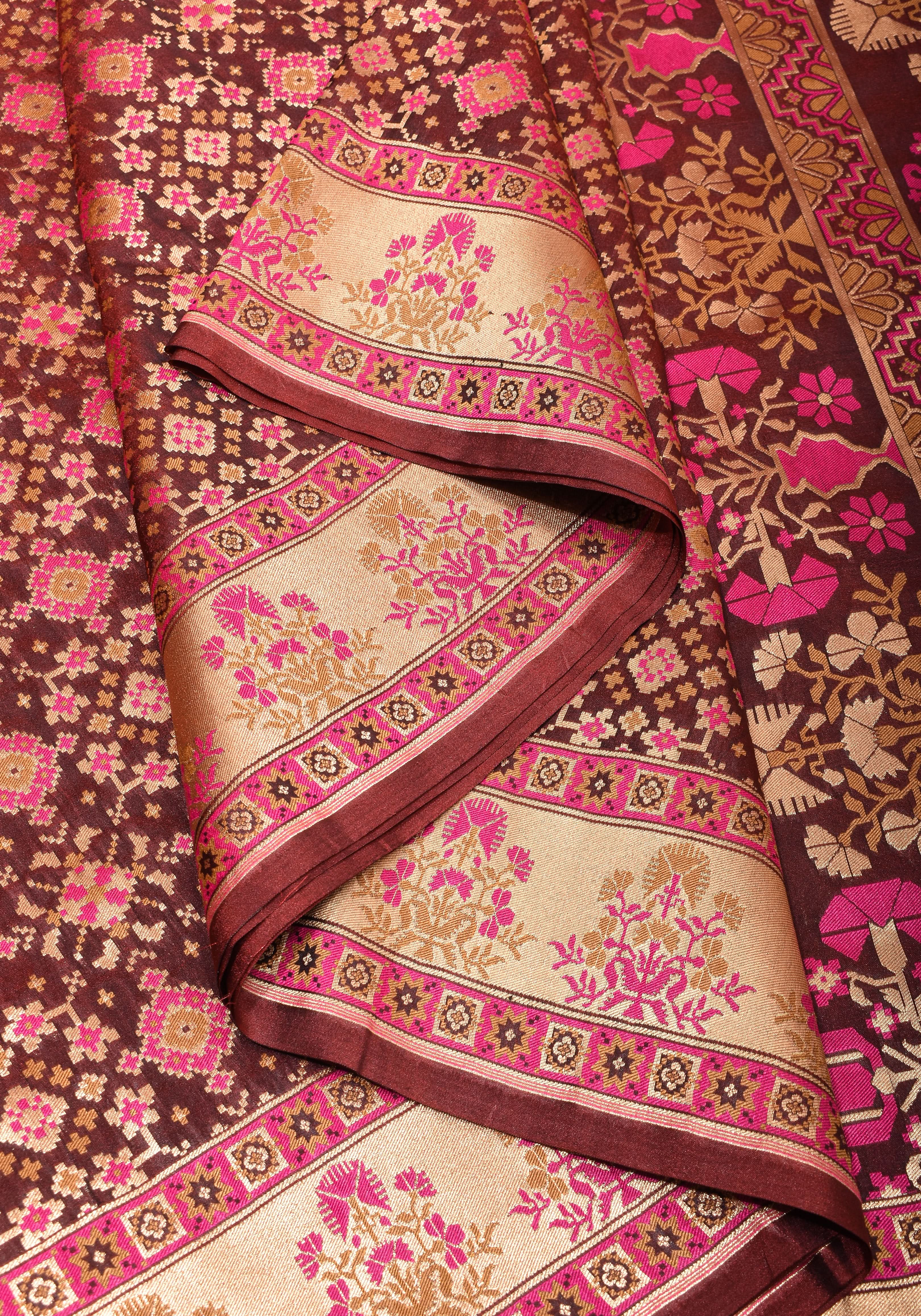 Exquisite Brown Semi Silk Saree with Patola Ikkat Meenakari Zari Border and Pallu | Shobitam
