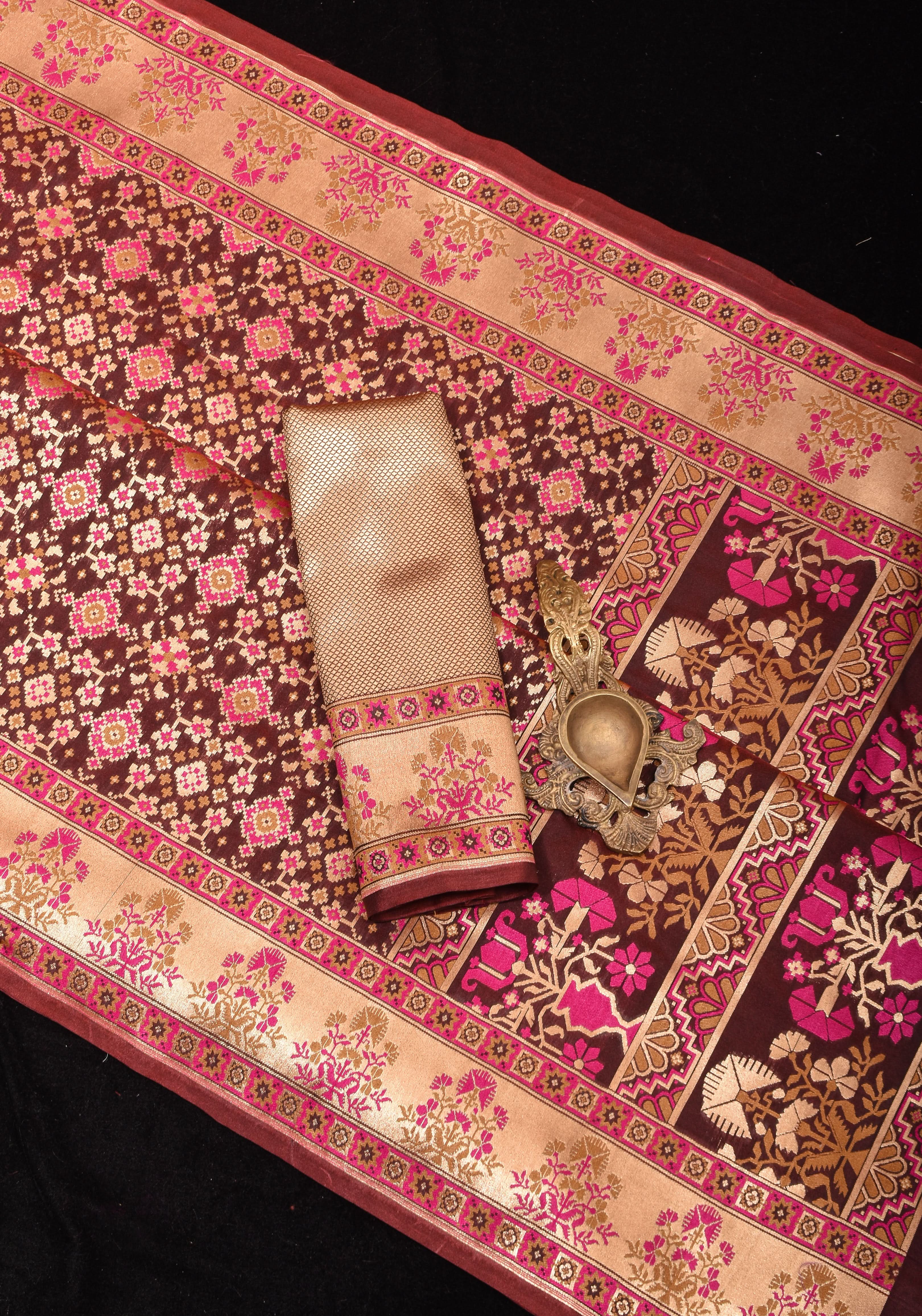 Exquisite Brown Semi Silk Saree with Patola Ikkat Meenakari Zari Border and Pallu | Shobitam