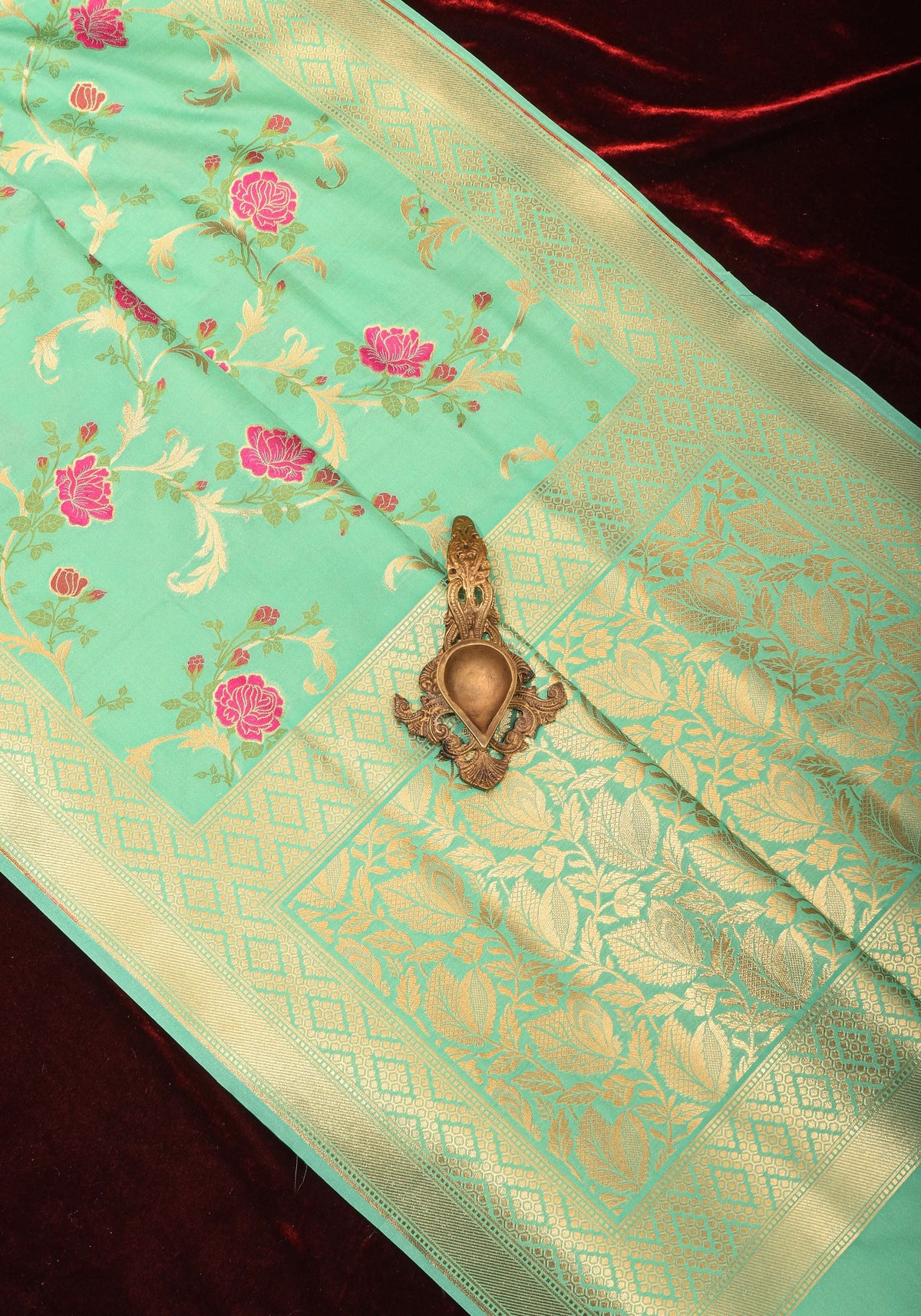 Aqua Exquisite Meenakari Rose Jaal Semi Silk Saree and zari border