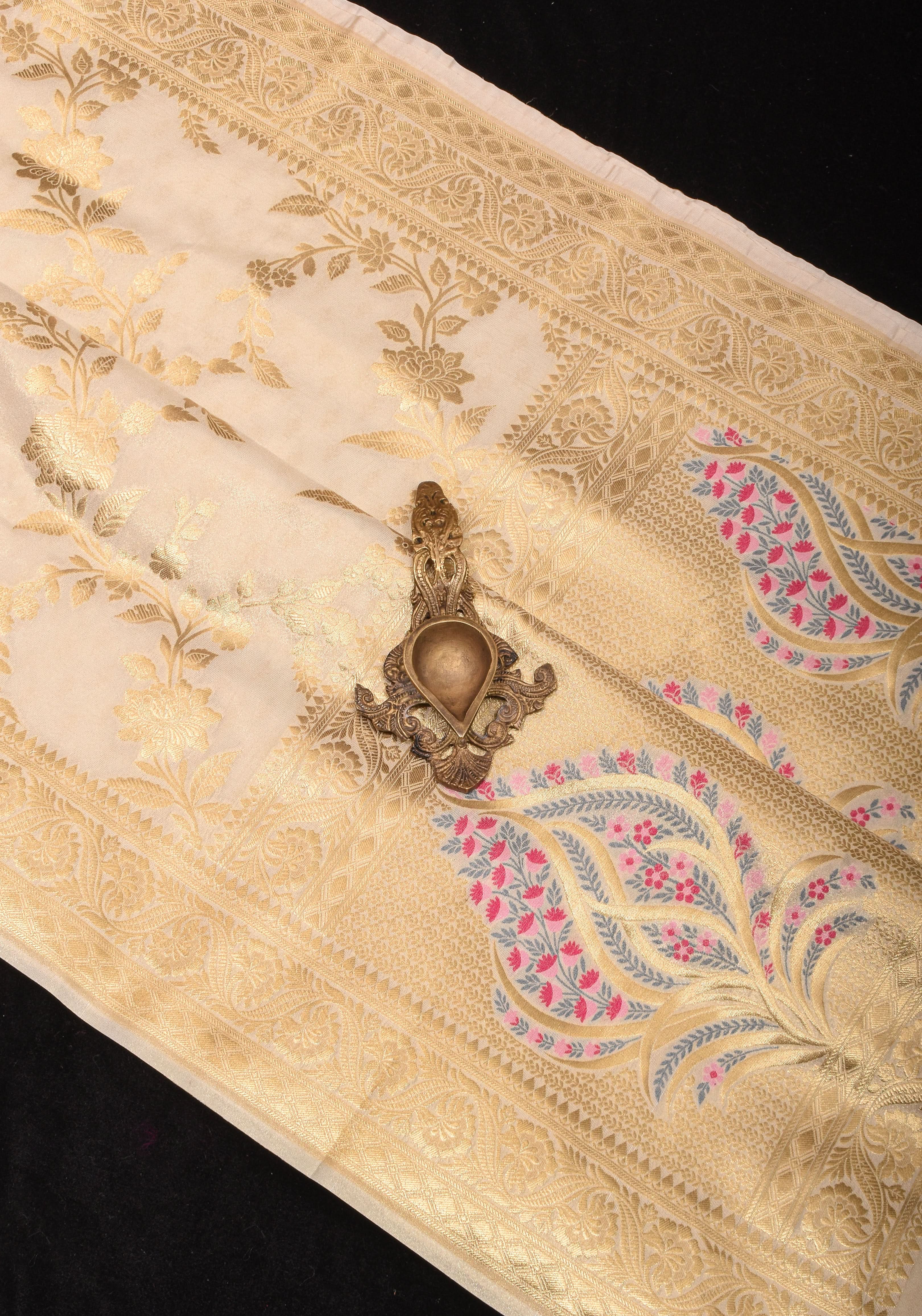 Ivory Tissue Semi silk saree with leheria Zari Floral vine Pattern and Meenakari Zari Pallu | SHOBITAM